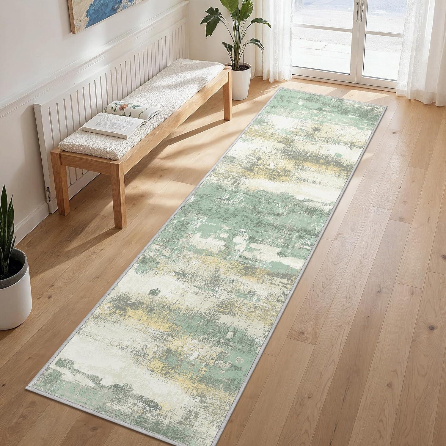 imageGENIMO 5x7 Vintage Floral Area Rug Soft Microfiber Washable Rug with NonSlip Backing Beige Carpet for Living Room Bedroom and Dining RoomLight Green