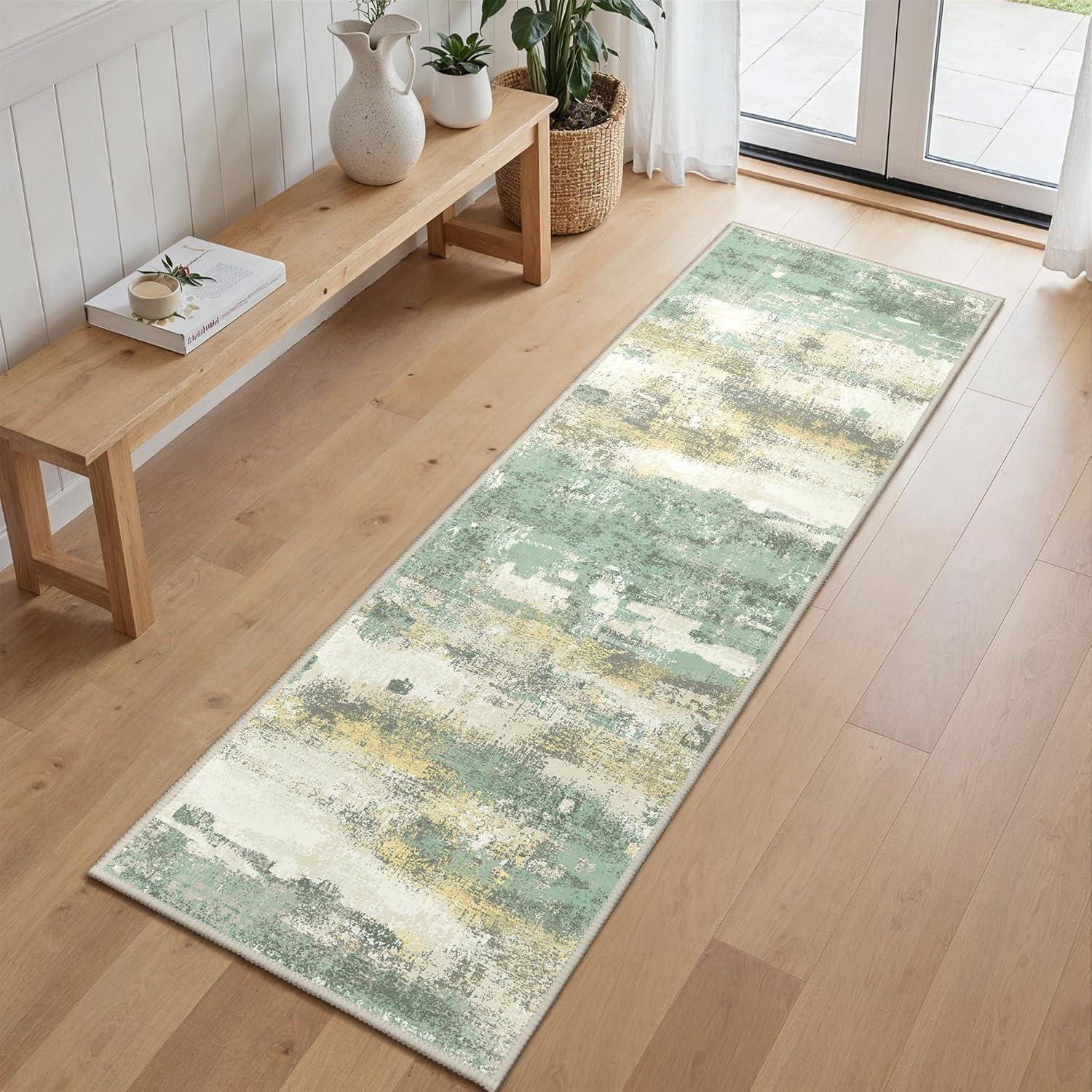 imageGENIMO 5x7 Vintage Floral Area Rug Soft Microfiber Washable Rug with NonSlip Backing Beige Carpet for Living Room Bedroom and Dining RoomLight Green