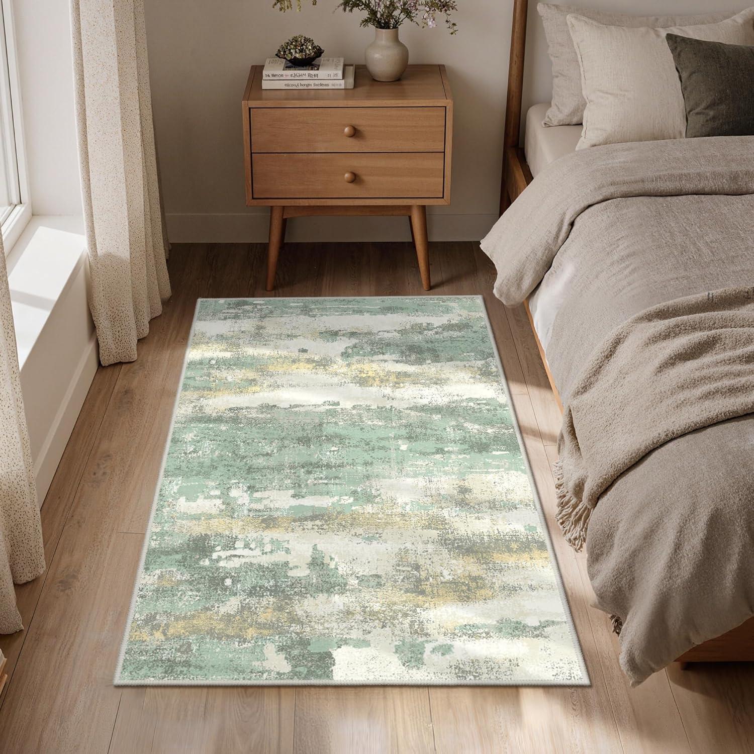 imageGENIMO 5x7 Vintage Floral Area Rug Soft Microfiber Washable Rug with NonSlip Backing Beige Carpet for Living Room Bedroom and Dining RoomLight Green