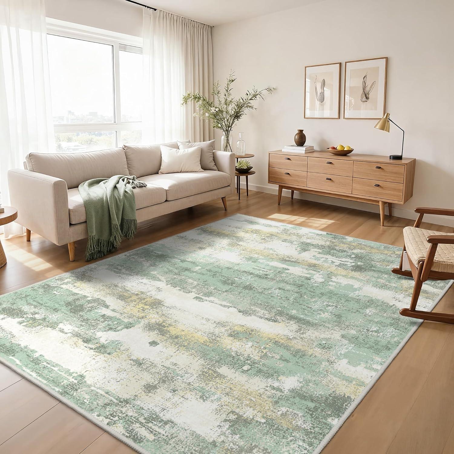 imageGENIMO 5x7 Vintage Floral Area Rug Soft Microfiber Washable Rug with NonSlip Backing Beige Carpet for Living Room Bedroom and Dining RoomLight Green