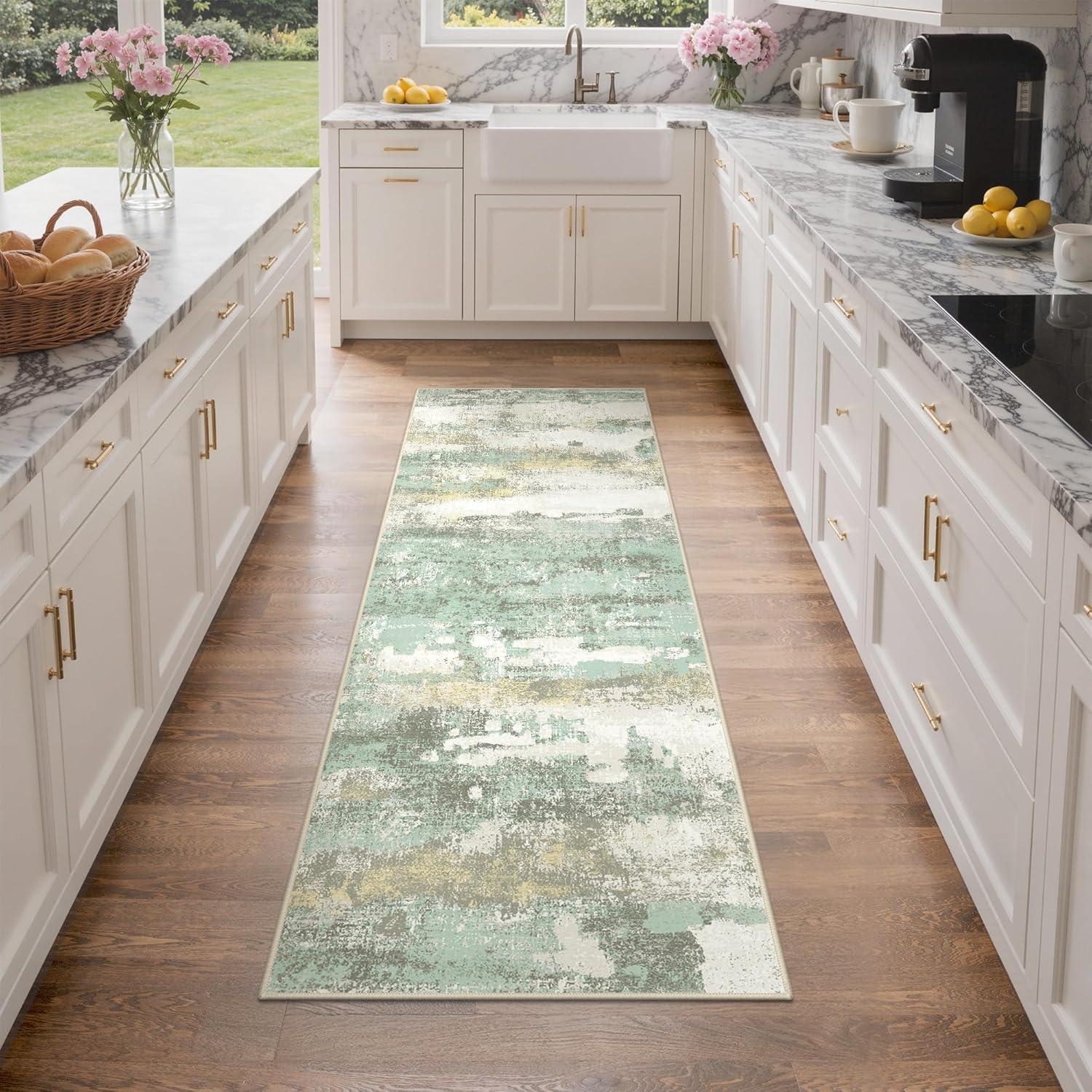imageGENIMO 5x7 Vintage Floral Area Rug Soft Microfiber Washable Rug with NonSlip Backing Beige Carpet for Living Room Bedroom and Dining RoomLight Green