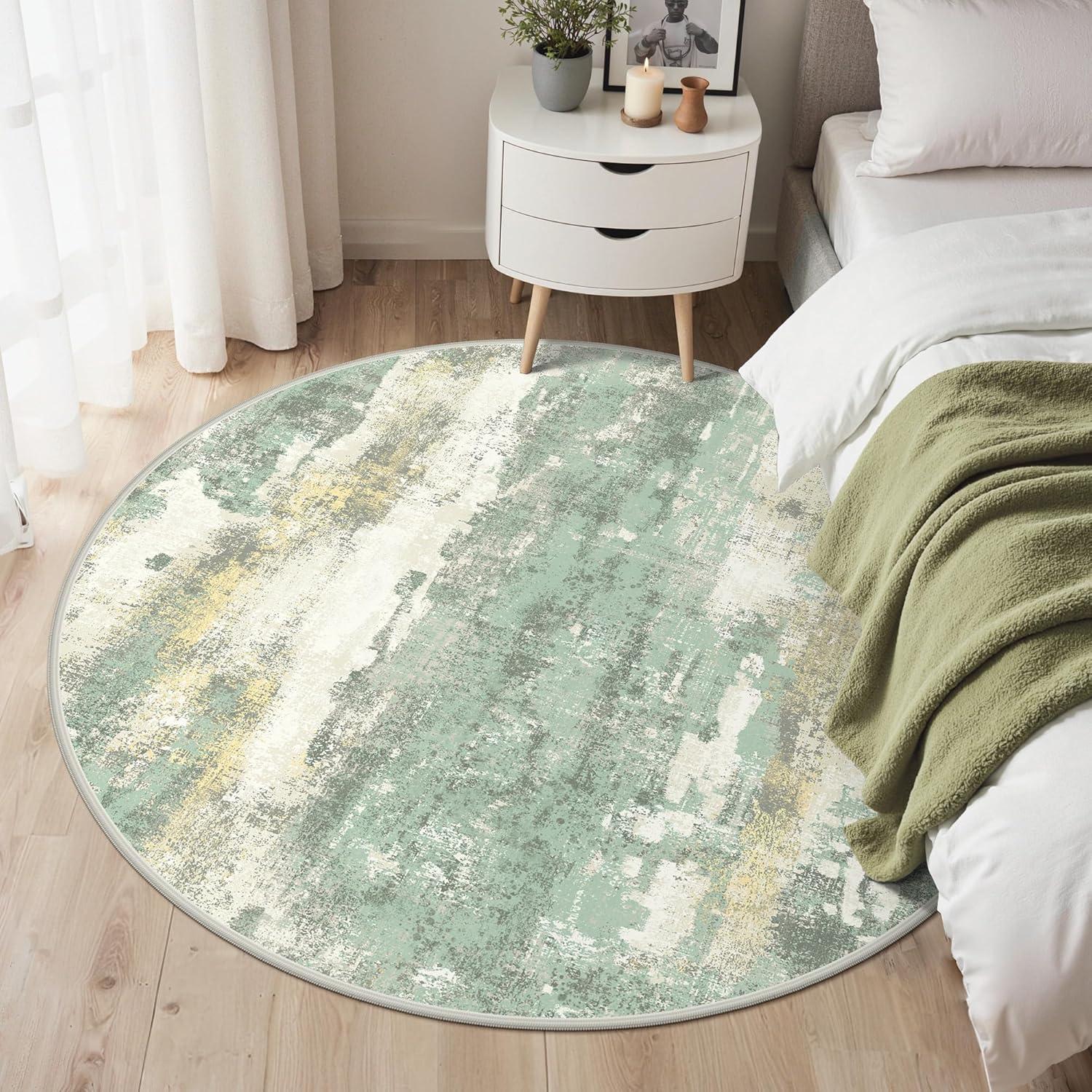 imageGENIMO 5x7 Vintage Floral Area Rug Soft Microfiber Washable Rug with NonSlip Backing Beige Carpet for Living Room Bedroom and Dining RoomLight Green