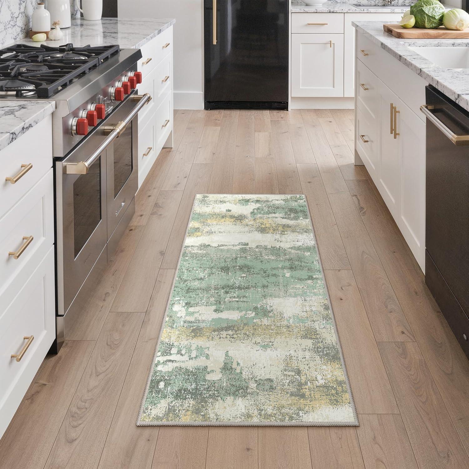 imageGENIMO 5x7 Vintage Floral Area Rug Soft Microfiber Washable Rug with NonSlip Backing Beige Carpet for Living Room Bedroom and Dining RoomLight Green