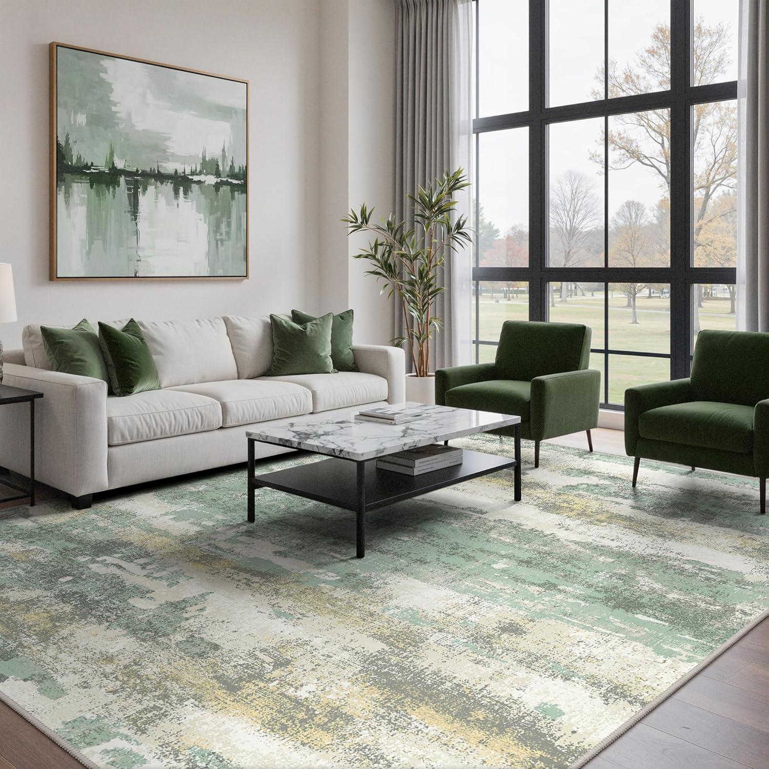 imageGENIMO 5x7 Vintage Floral Area Rug Soft Microfiber Washable Rug with NonSlip Backing Beige Carpet for Living Room Bedroom and Dining RoomLight Green