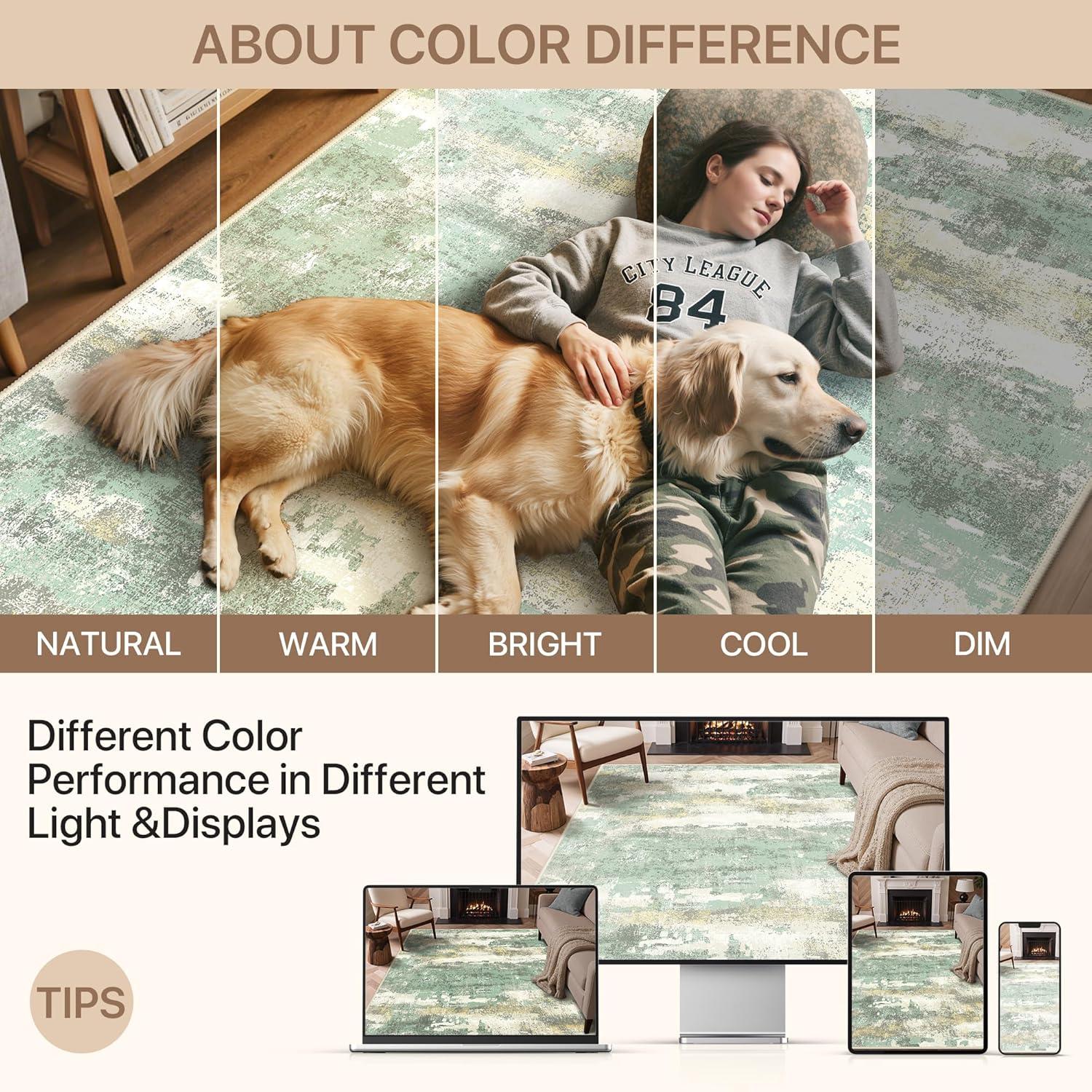 imageGENIMO 5x7 Vintage Floral Area Rug Soft Microfiber Washable Rug with NonSlip Backing Beige Carpet for Living Room Bedroom and Dining RoomLight Green