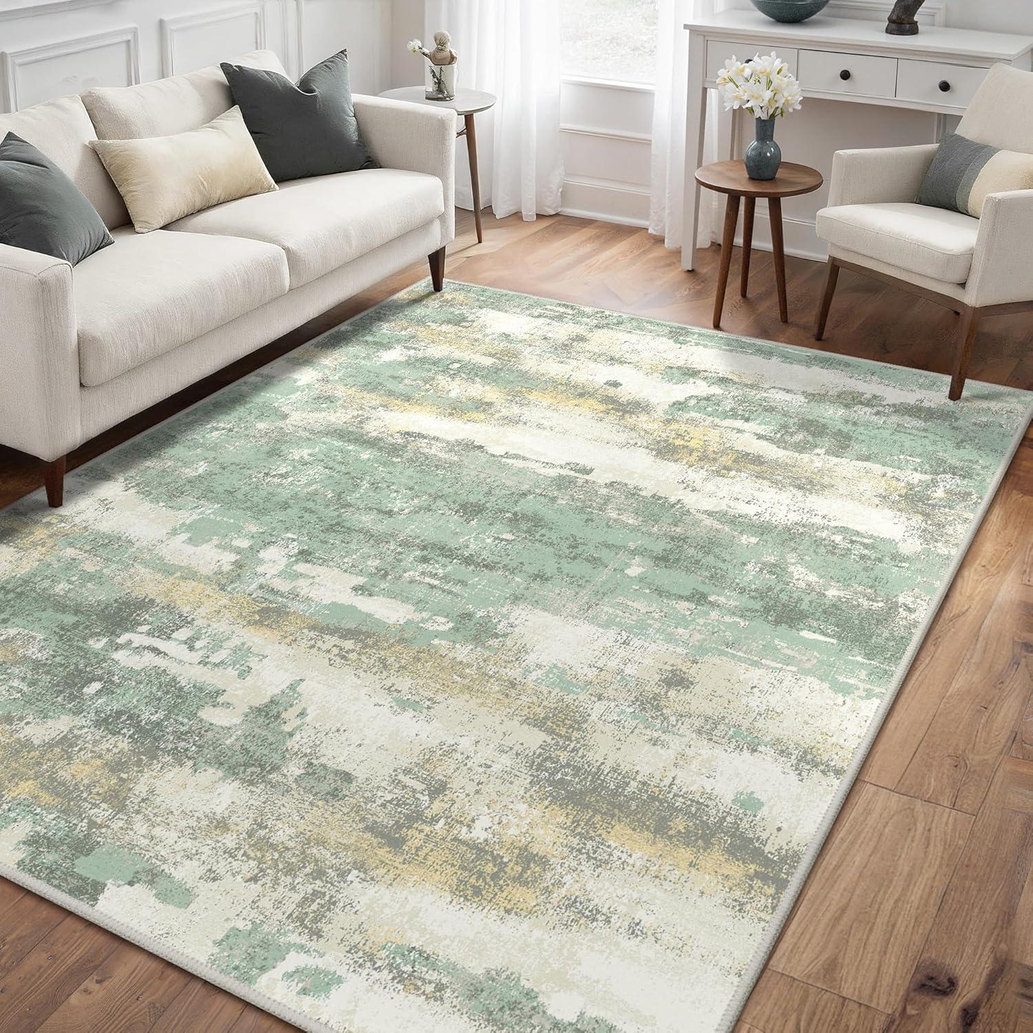 imageGENIMO 5x7 Vintage Floral Area Rug Soft Microfiber Washable Rug with NonSlip Backing Beige Carpet for Living Room Bedroom and Dining RoomLight Green