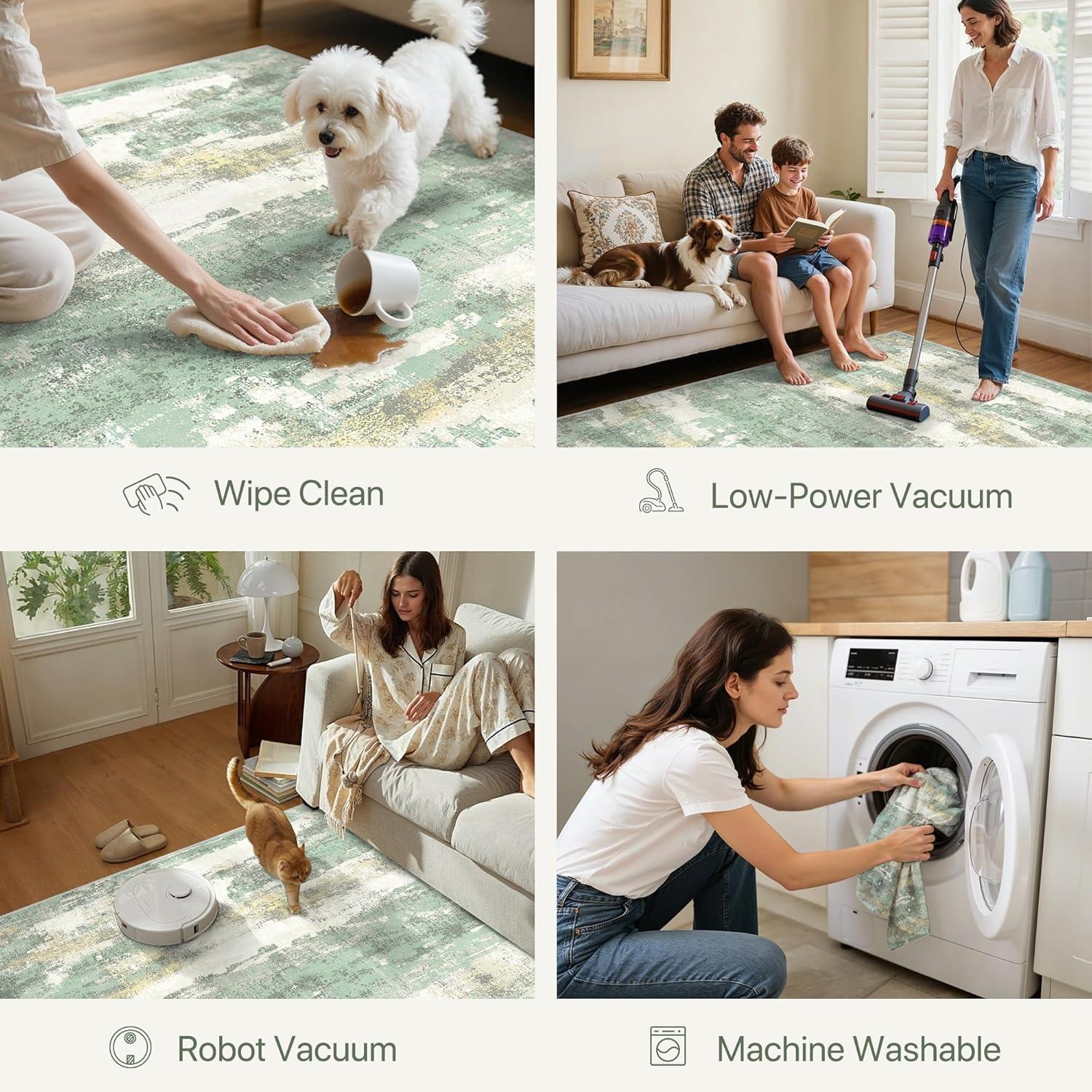 imageGENIMO 5x7 Vintage Floral Area Rug Soft Microfiber Washable Rug with NonSlip Backing Beige Carpet for Living Room Bedroom and Dining RoomLight Green