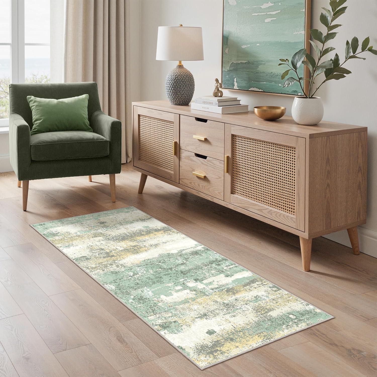 imageGENIMO 5x7 Vintage Floral Area Rug Soft Microfiber Washable Rug with NonSlip Backing Beige Carpet for Living Room Bedroom and Dining RoomLight Green