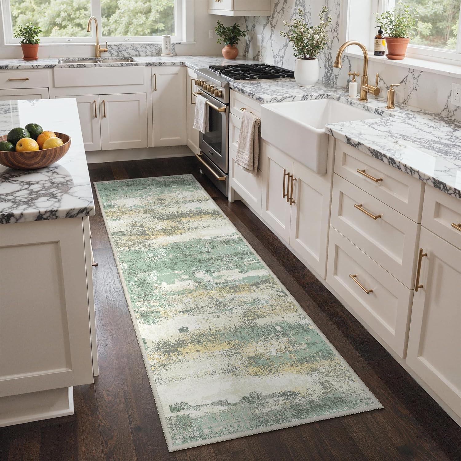 imageGENIMO 5x7 Vintage Floral Area Rug Soft Microfiber Washable Rug with NonSlip Backing Beige Carpet for Living Room Bedroom and Dining RoomLight Green