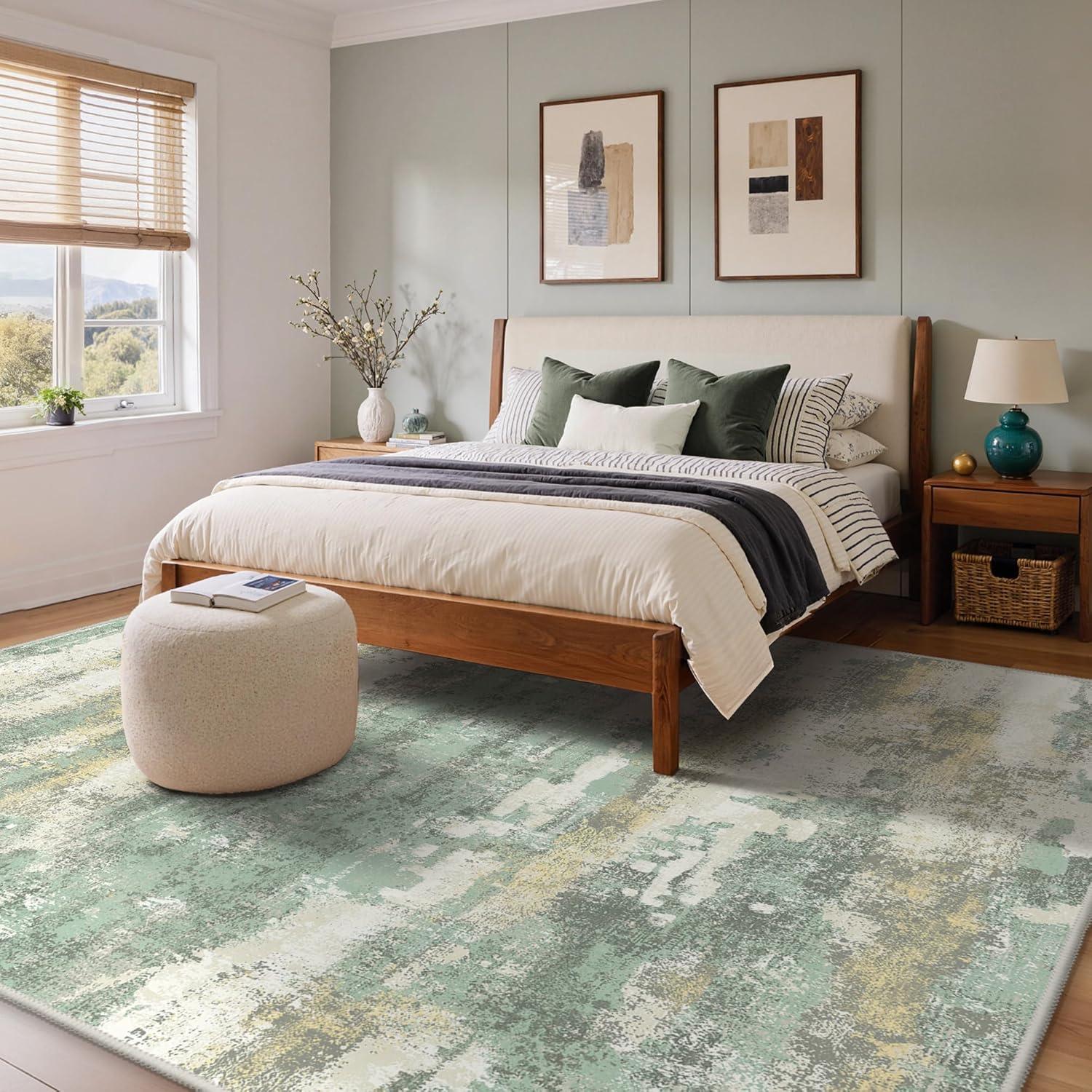 imageGENIMO 5x7 Vintage Floral Area Rug Soft Microfiber Washable Rug with NonSlip Backing Beige Carpet for Living Room Bedroom and Dining RoomLight Green