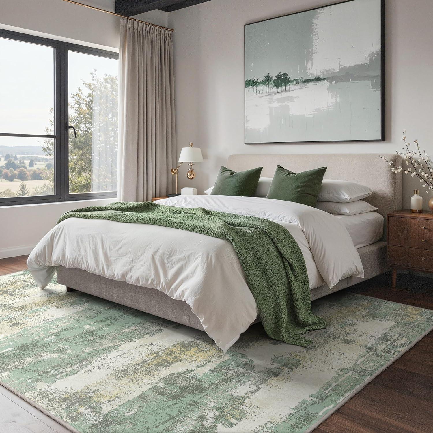 imageGENIMO 5x7 Vintage Floral Area Rug Soft Microfiber Washable Rug with NonSlip Backing Beige Carpet for Living Room Bedroom and Dining RoomLight Green