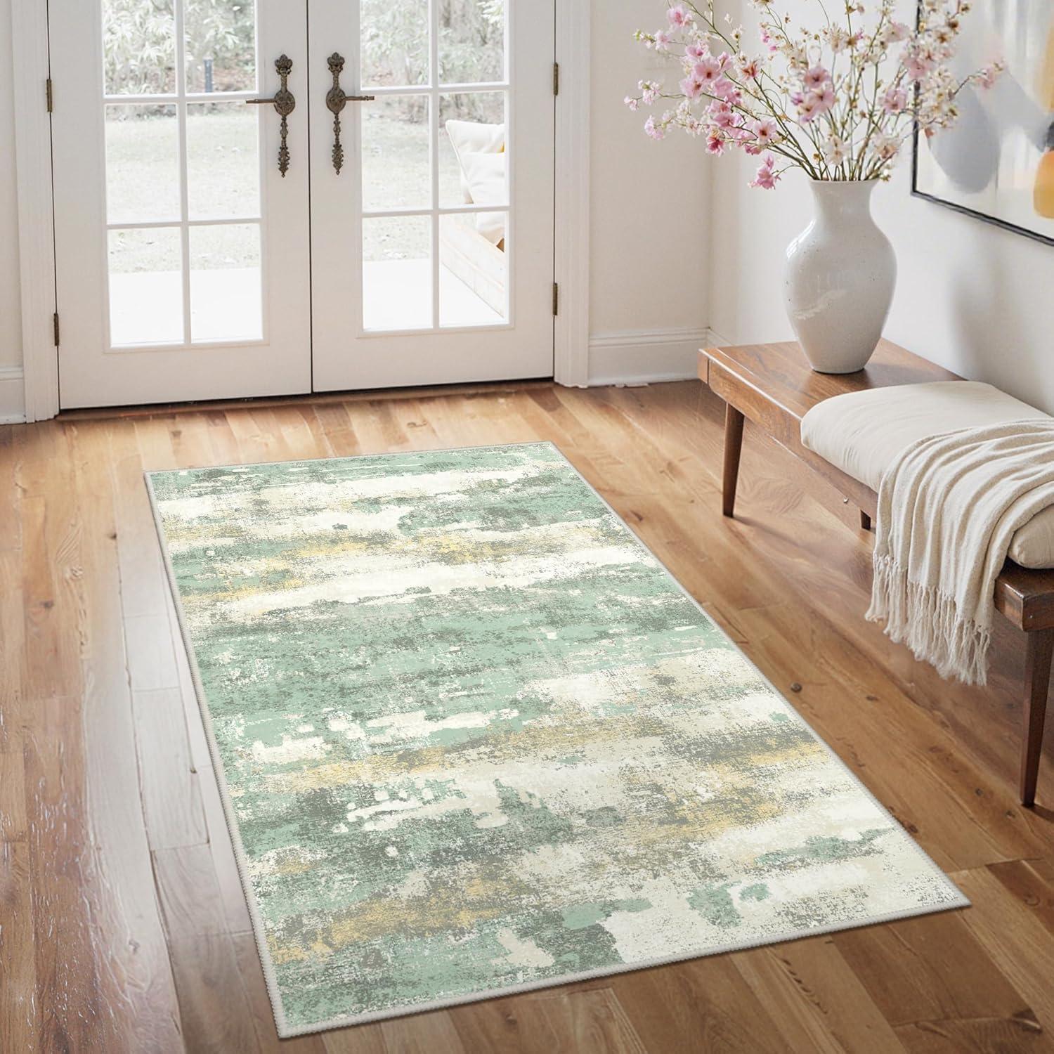 imageGENIMO 5x7 Vintage Floral Area Rug Soft Microfiber Washable Rug with NonSlip Backing Beige Carpet for Living Room Bedroom and Dining RoomLight Green