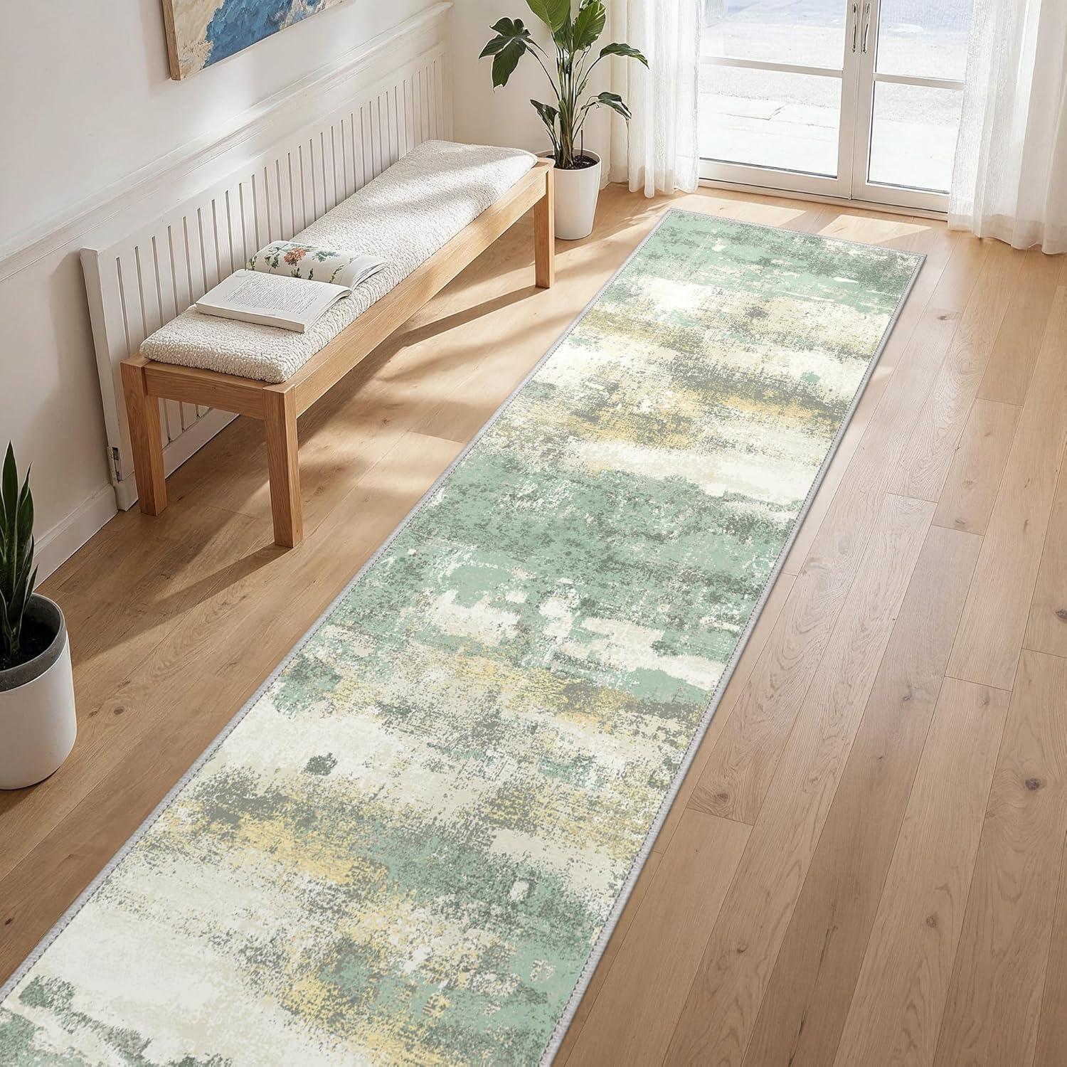 imageGENIMO 5x7 Vintage Floral Area Rug Soft Microfiber Washable Rug with NonSlip Backing Beige Carpet for Living Room Bedroom and Dining RoomLight Green