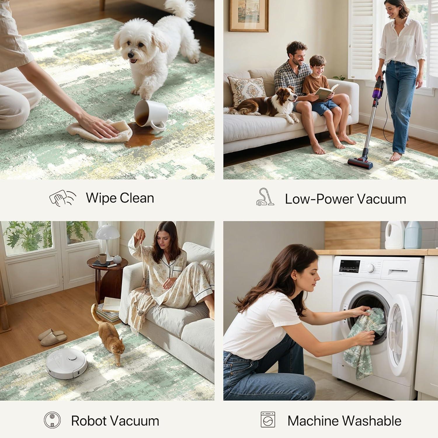 imageGENIMO 5x7 Vintage Floral Area Rug Soft Microfiber Washable Rug with NonSlip Backing Beige Carpet for Living Room Bedroom and Dining RoomLight Green
