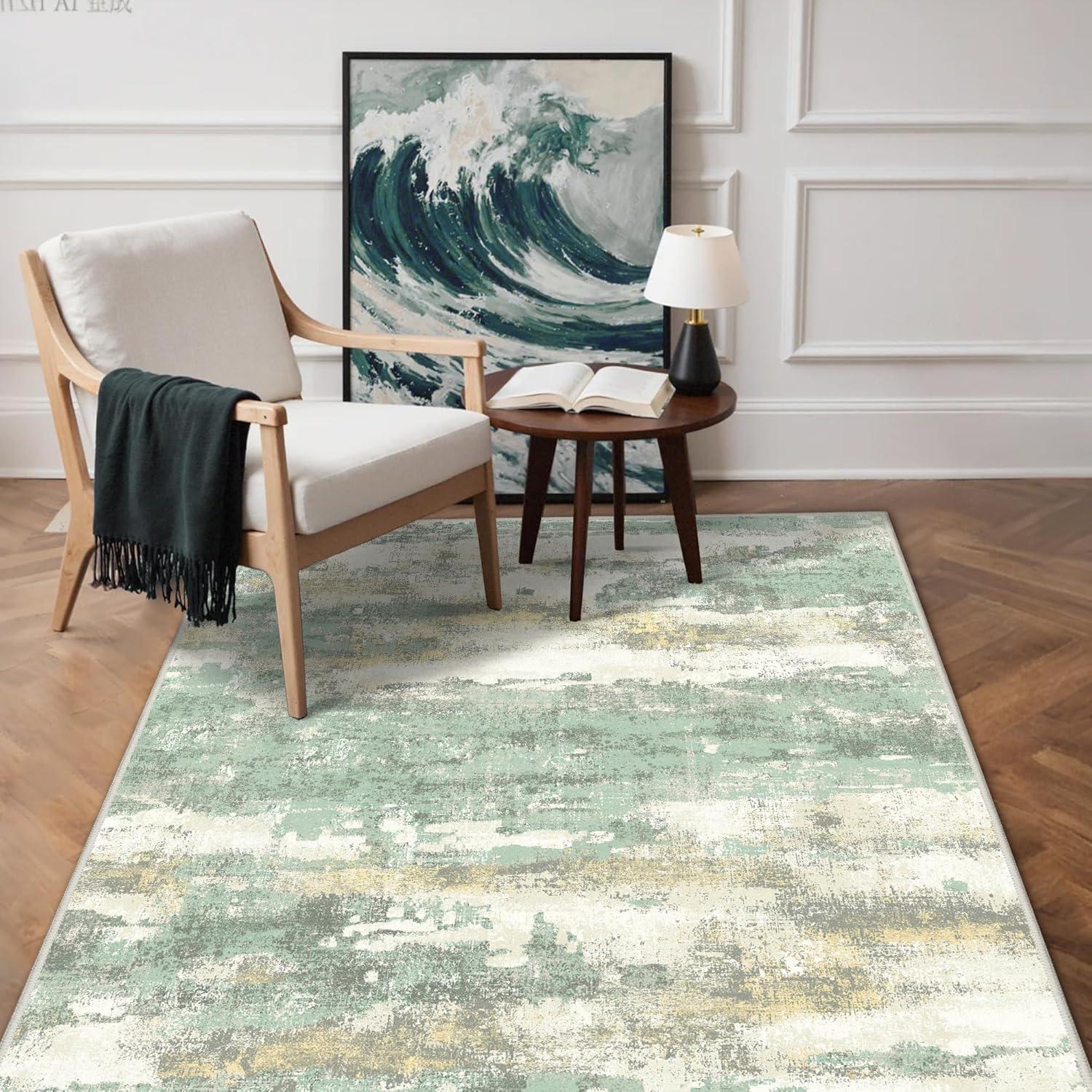 imageGENIMO 5x7 Vintage Floral Area Rug Soft Microfiber Washable Rug with NonSlip Backing Beige Carpet for Living Room Bedroom and Dining RoomLight Green