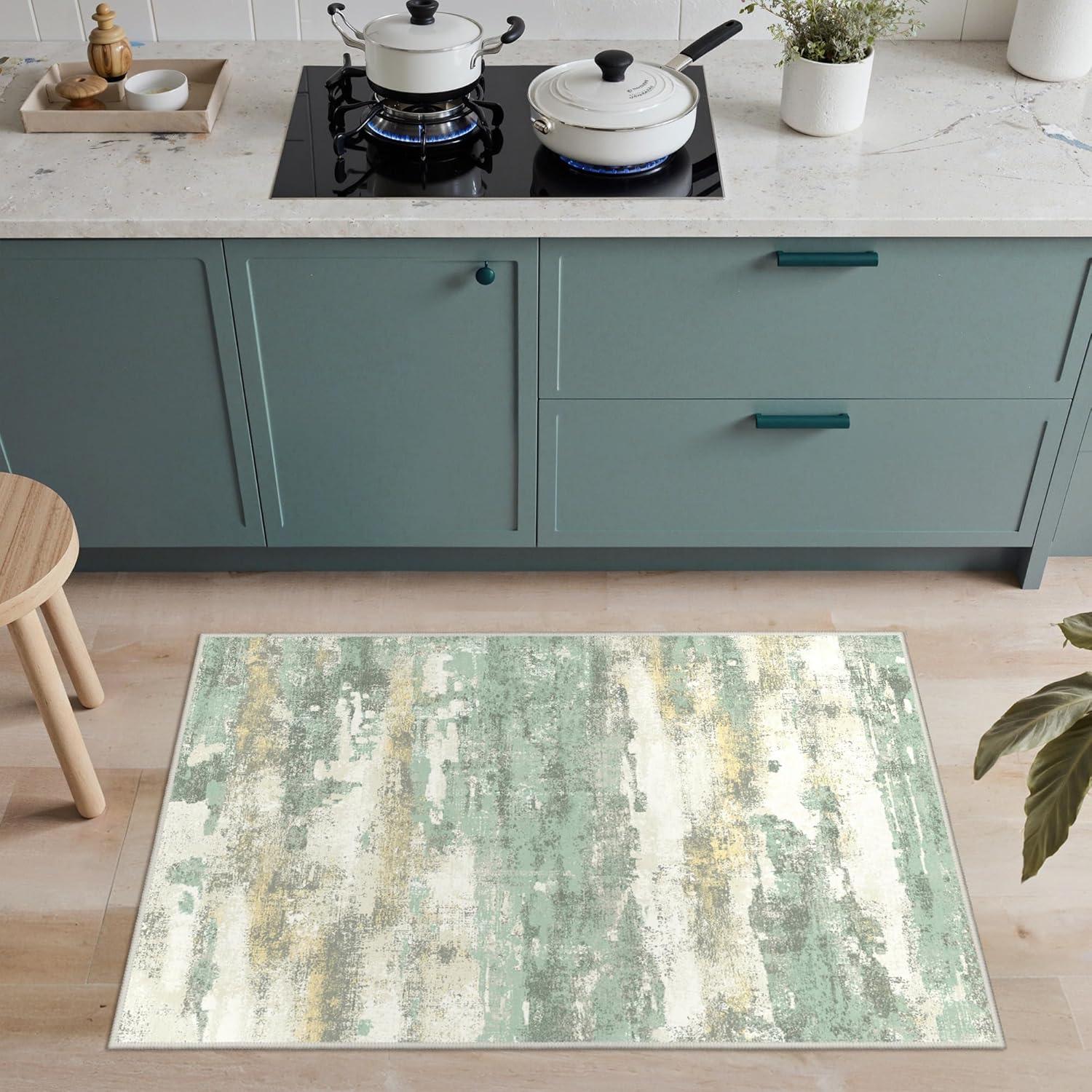 imageGENIMO 5x7 Vintage Floral Area Rug Soft Microfiber Washable Rug with NonSlip Backing Beige Carpet for Living Room Bedroom and Dining RoomLight Green