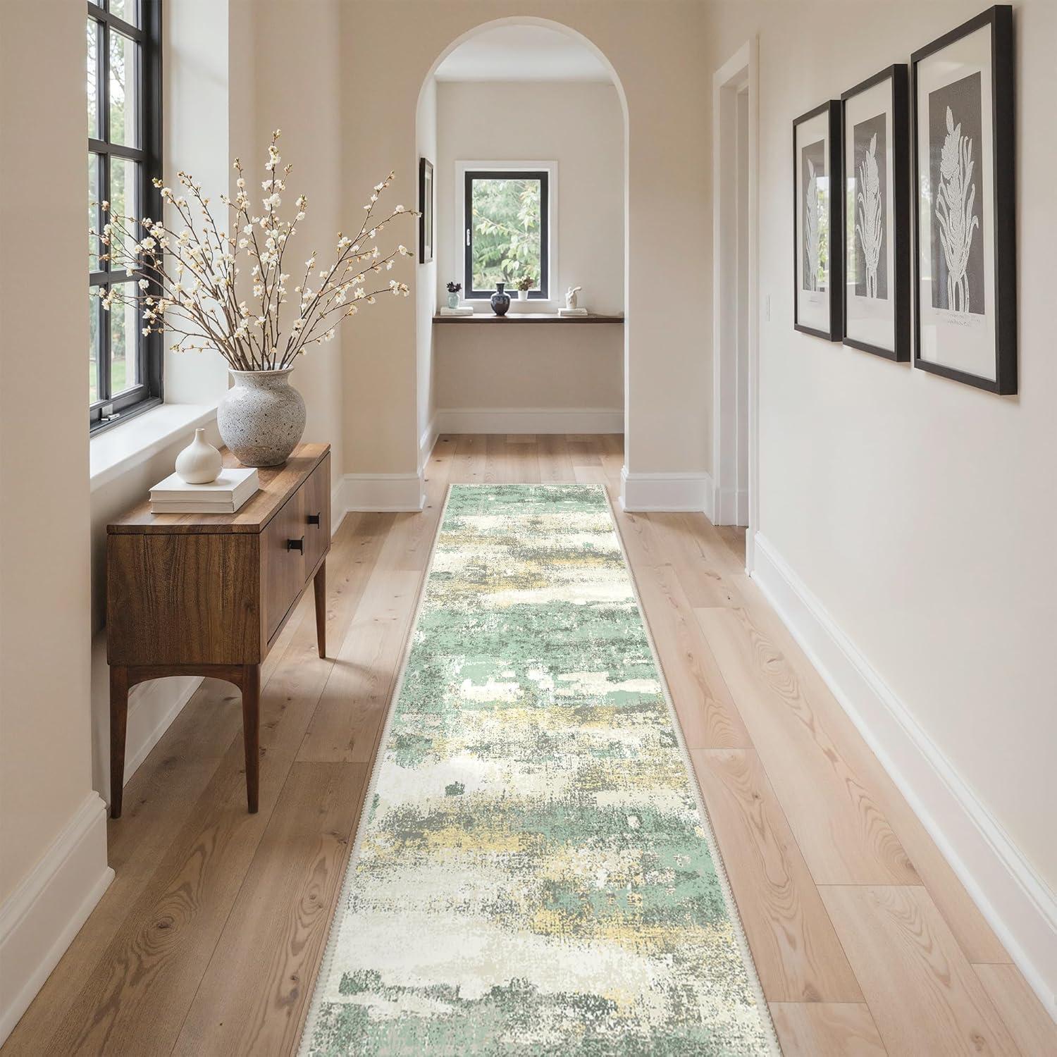 imageGENIMO 5x7 Vintage Floral Area Rug Soft Microfiber Washable Rug with NonSlip Backing Beige Carpet for Living Room Bedroom and Dining RoomLight Green