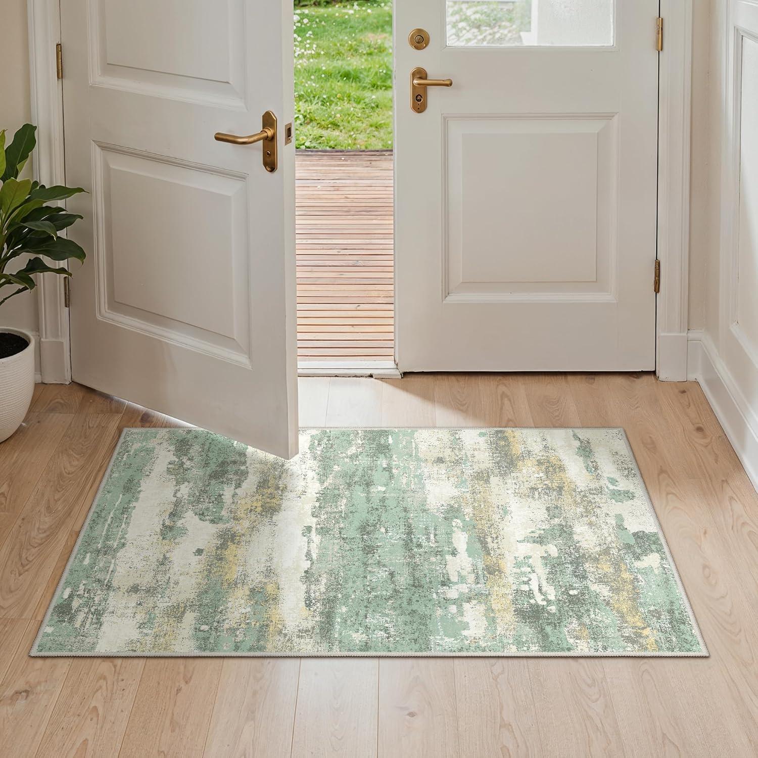imageGENIMO 5x7 Vintage Floral Area Rug Soft Microfiber Washable Rug with NonSlip Backing Beige Carpet for Living Room Bedroom and Dining RoomLight Green