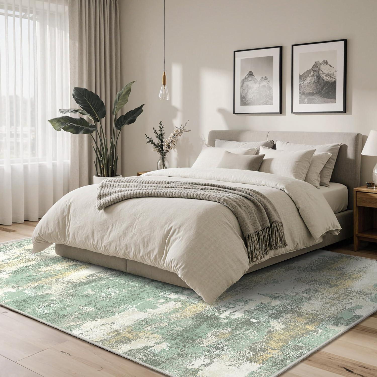 imageGENIMO 5x7 Vintage Floral Area Rug Soft Microfiber Washable Rug with NonSlip Backing Beige Carpet for Living Room Bedroom and Dining RoomLight Green
