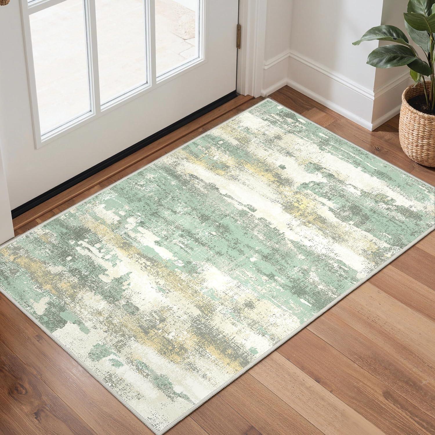 imageGENIMO 5x7 Vintage Floral Area Rug Soft Microfiber Washable Rug with NonSlip Backing Beige Carpet for Living Room Bedroom and Dining RoomLight Green