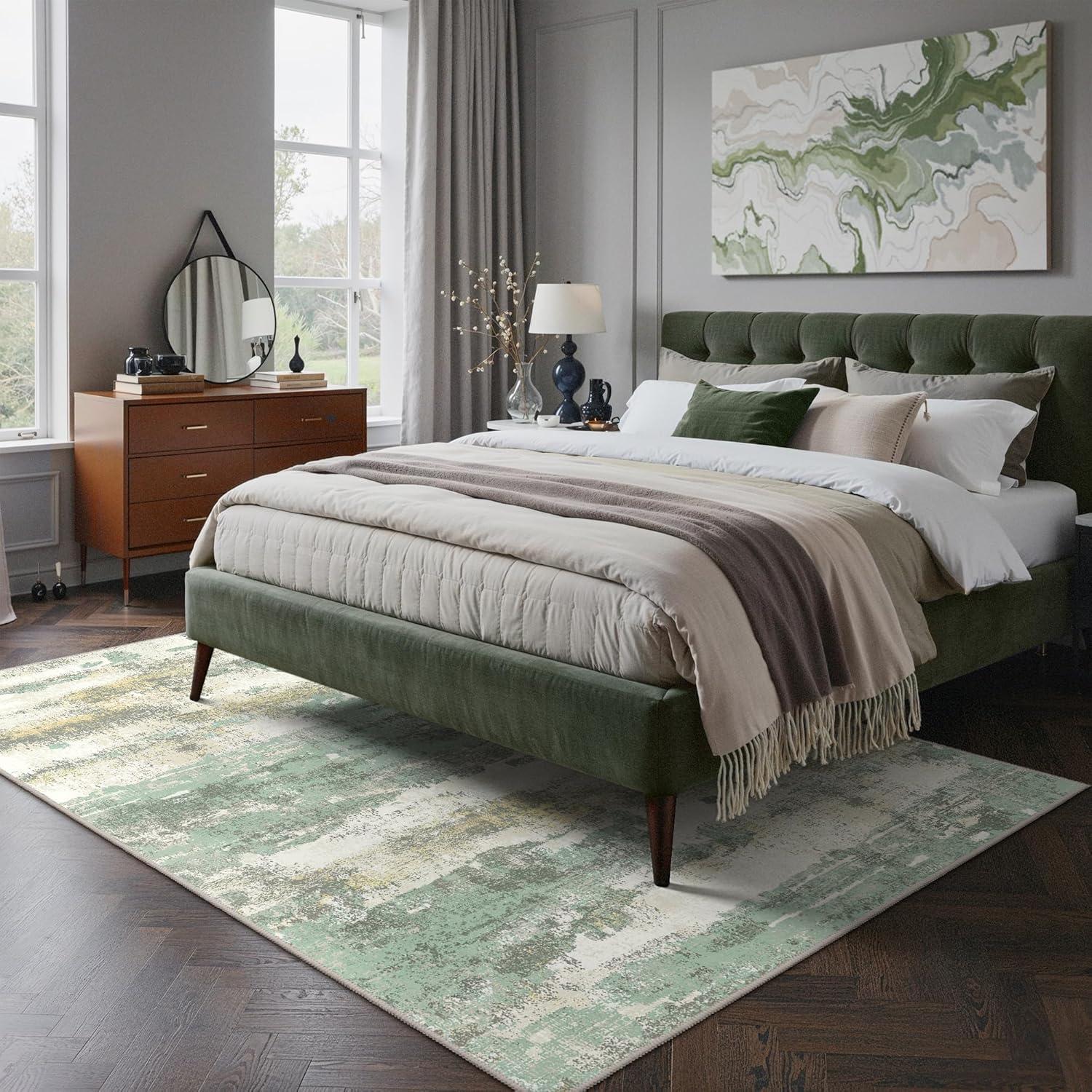 imageGENIMO 5x7 Vintage Floral Area Rug Soft Microfiber Washable Rug with NonSlip Backing Beige Carpet for Living Room Bedroom and Dining RoomLight Green