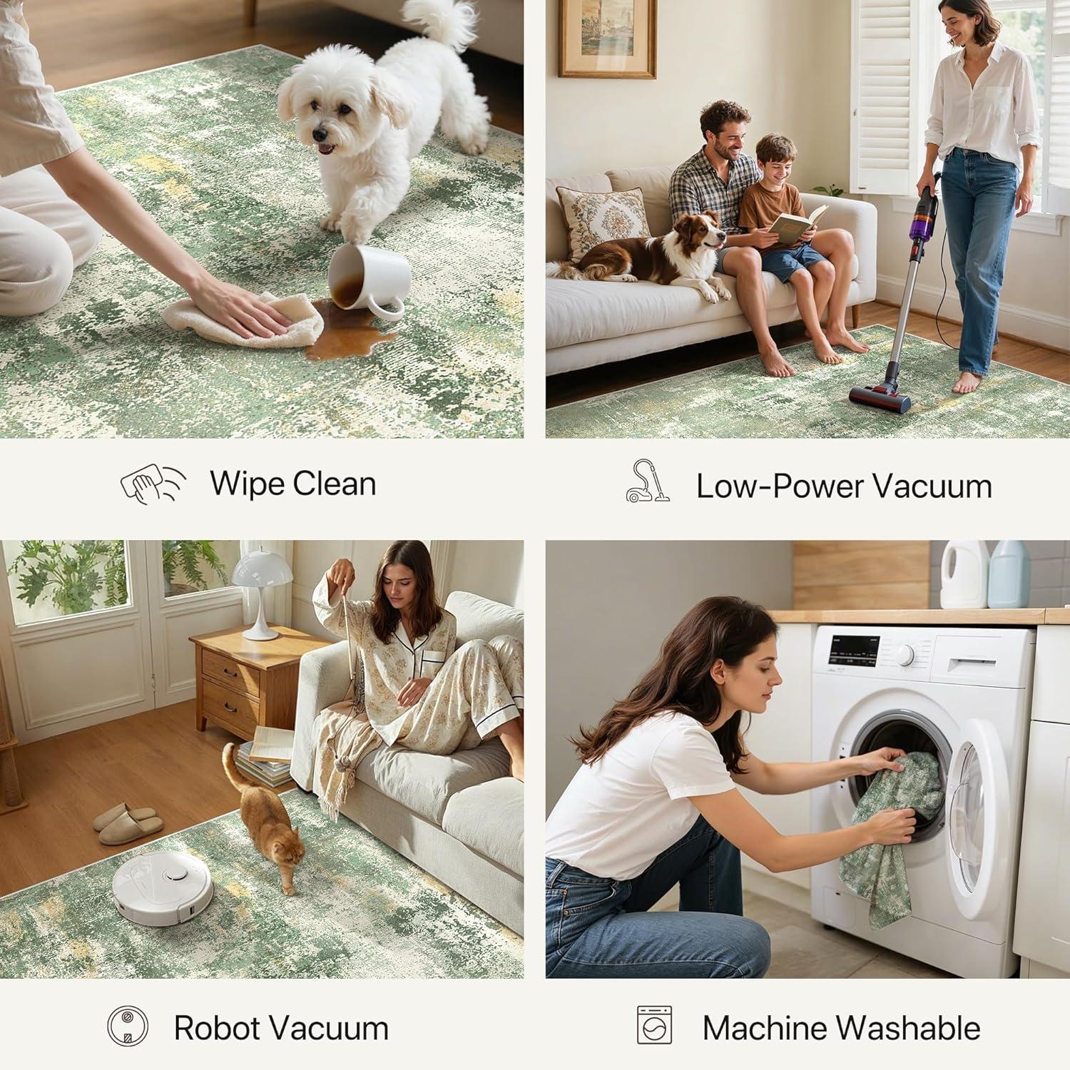 imageGENIMO 5x7 Vintage Floral Area Rug Soft Microfiber Washable Rug with NonSlip Backing Beige Carpet for Living Room Bedroom and Dining RoomOlive Green
