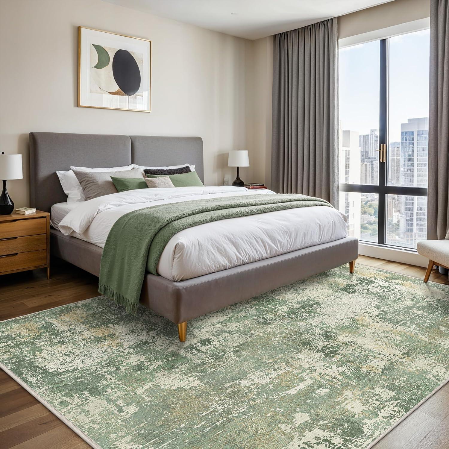 imageGENIMO 5x7 Vintage Floral Area Rug Soft Microfiber Washable Rug with NonSlip Backing Beige Carpet for Living Room Bedroom and Dining RoomOlive Green