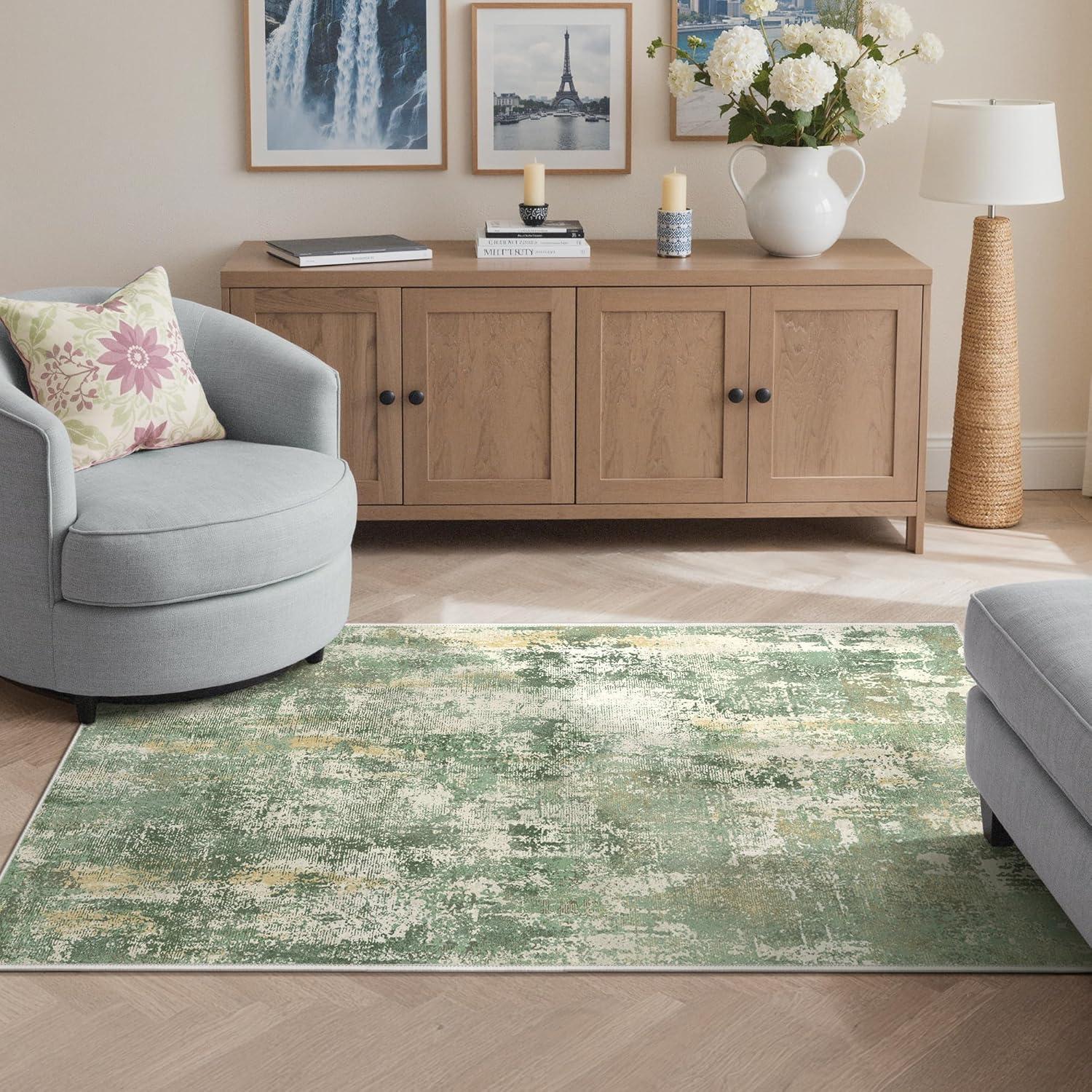 imageGENIMO 5x7 Vintage Floral Area Rug Soft Microfiber Washable Rug with NonSlip Backing Beige Carpet for Living Room Bedroom and Dining RoomOlive Green