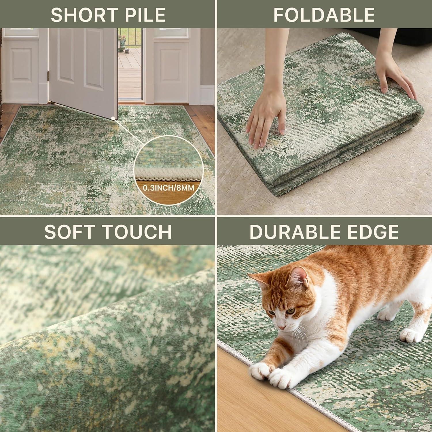 imageGENIMO 5x7 Vintage Floral Area Rug Soft Microfiber Washable Rug with NonSlip Backing Beige Carpet for Living Room Bedroom and Dining RoomOlive Green