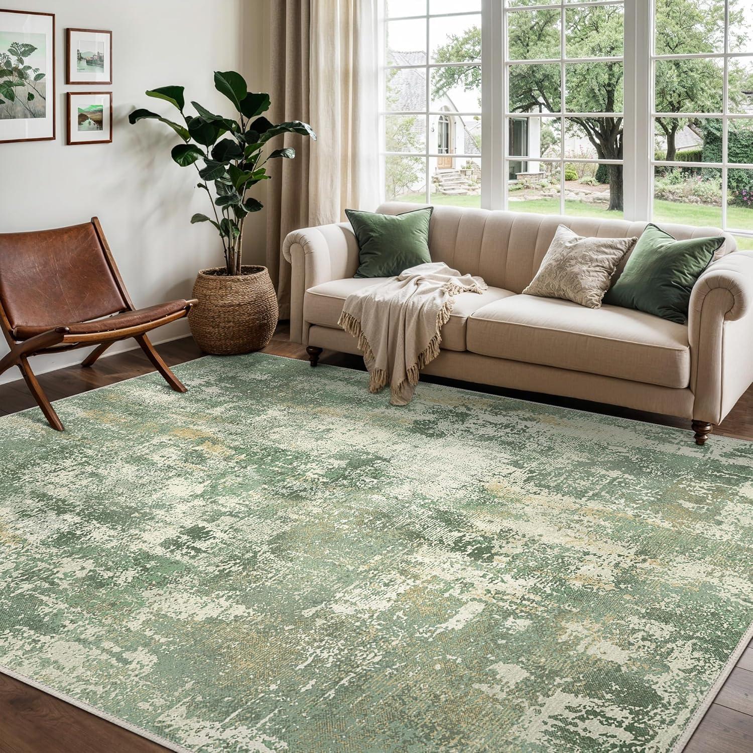 imageGENIMO 5x7 Vintage Floral Area Rug Soft Microfiber Washable Rug with NonSlip Backing Beige Carpet for Living Room Bedroom and Dining RoomOlive Green