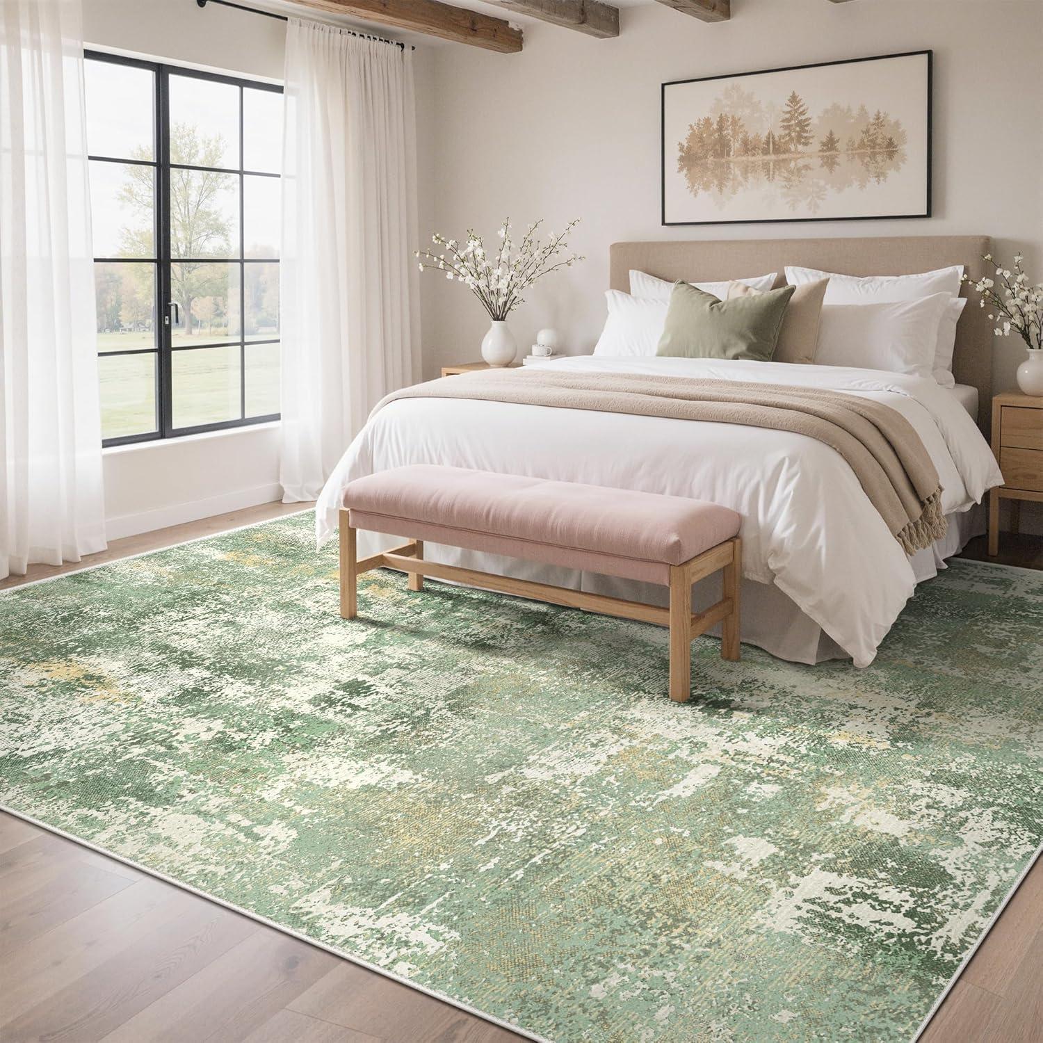 imageGENIMO 5x7 Vintage Floral Area Rug Soft Microfiber Washable Rug with NonSlip Backing Beige Carpet for Living Room Bedroom and Dining RoomOlive Green