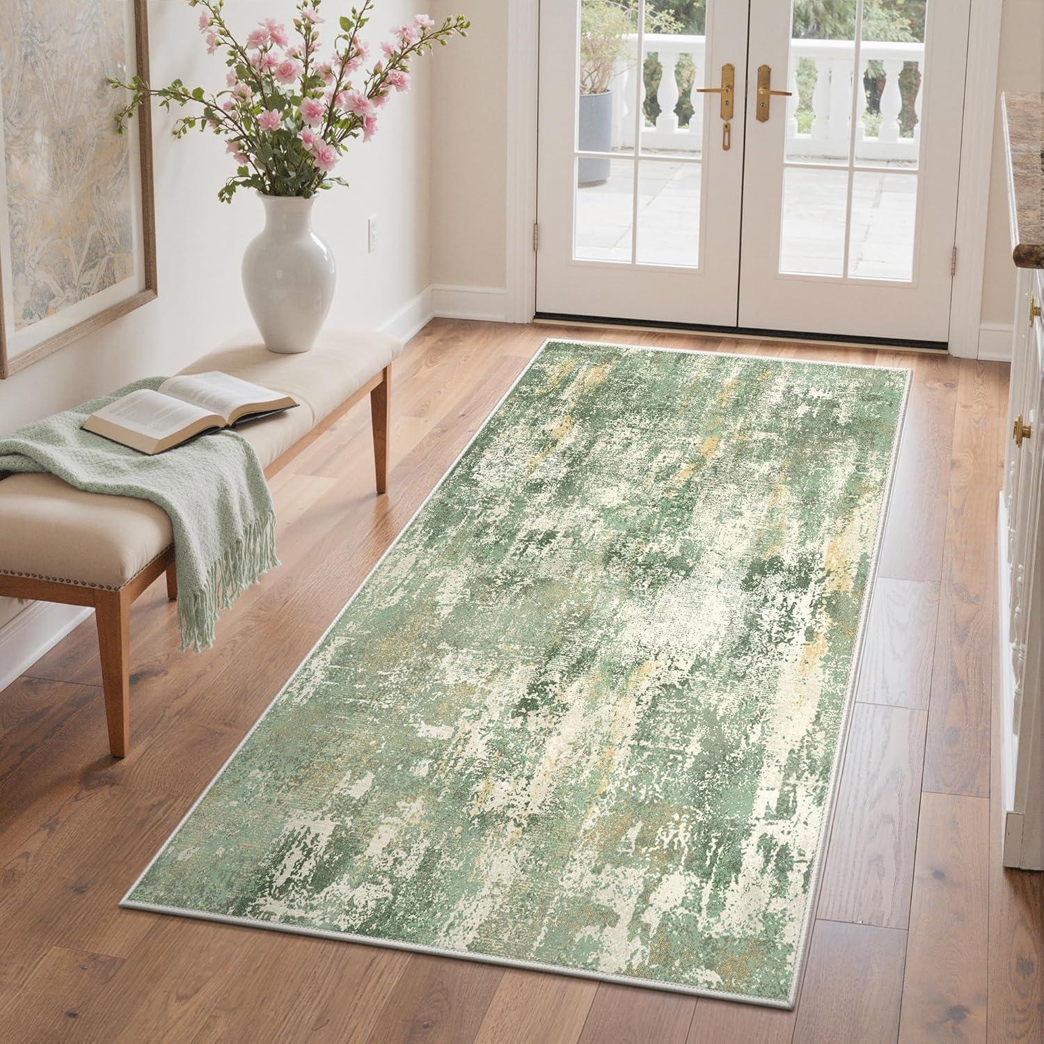 imageGENIMO 5x7 Vintage Floral Area Rug Soft Microfiber Washable Rug with NonSlip Backing Beige Carpet for Living Room Bedroom and Dining RoomOlive Green