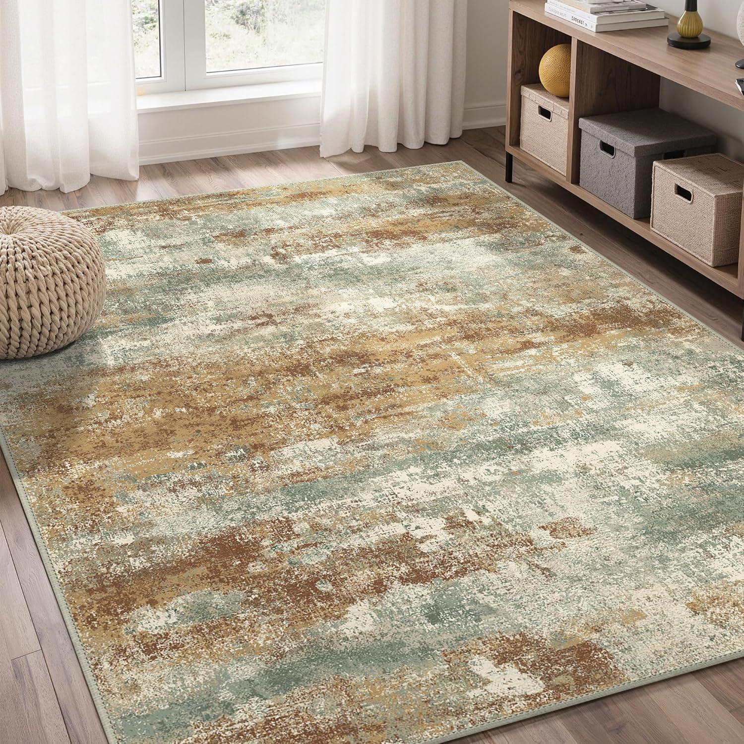 imageGENIMO 5x7 Vintage Floral Area Rug Soft Microfiber Washable Rug with NonSlip Backing Beige Carpet for Living Room Bedroom and Dining RoomOrange Green