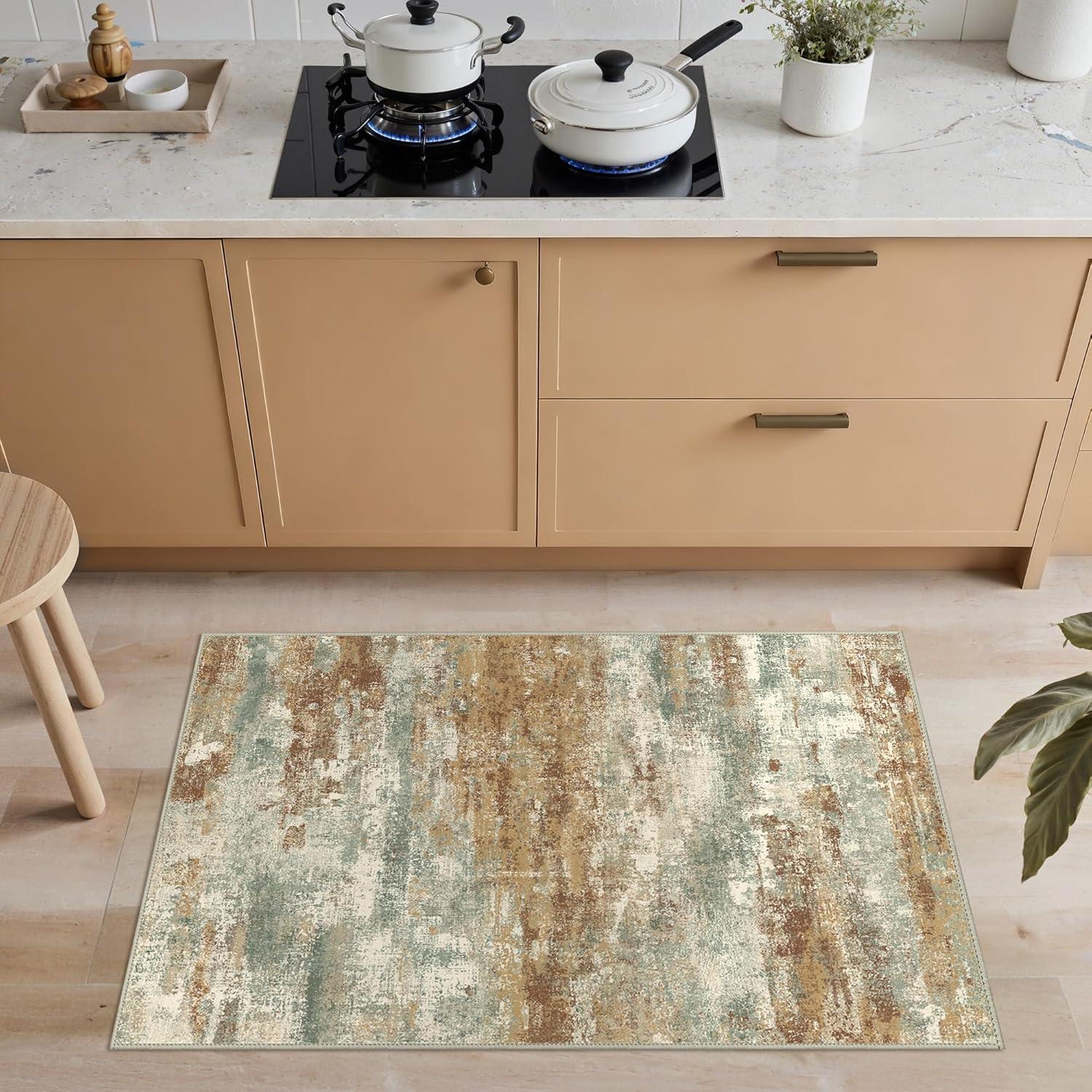 imageGENIMO 5x7 Vintage Floral Area Rug Soft Microfiber Washable Rug with NonSlip Backing Beige Carpet for Living Room Bedroom and Dining RoomOrange Green