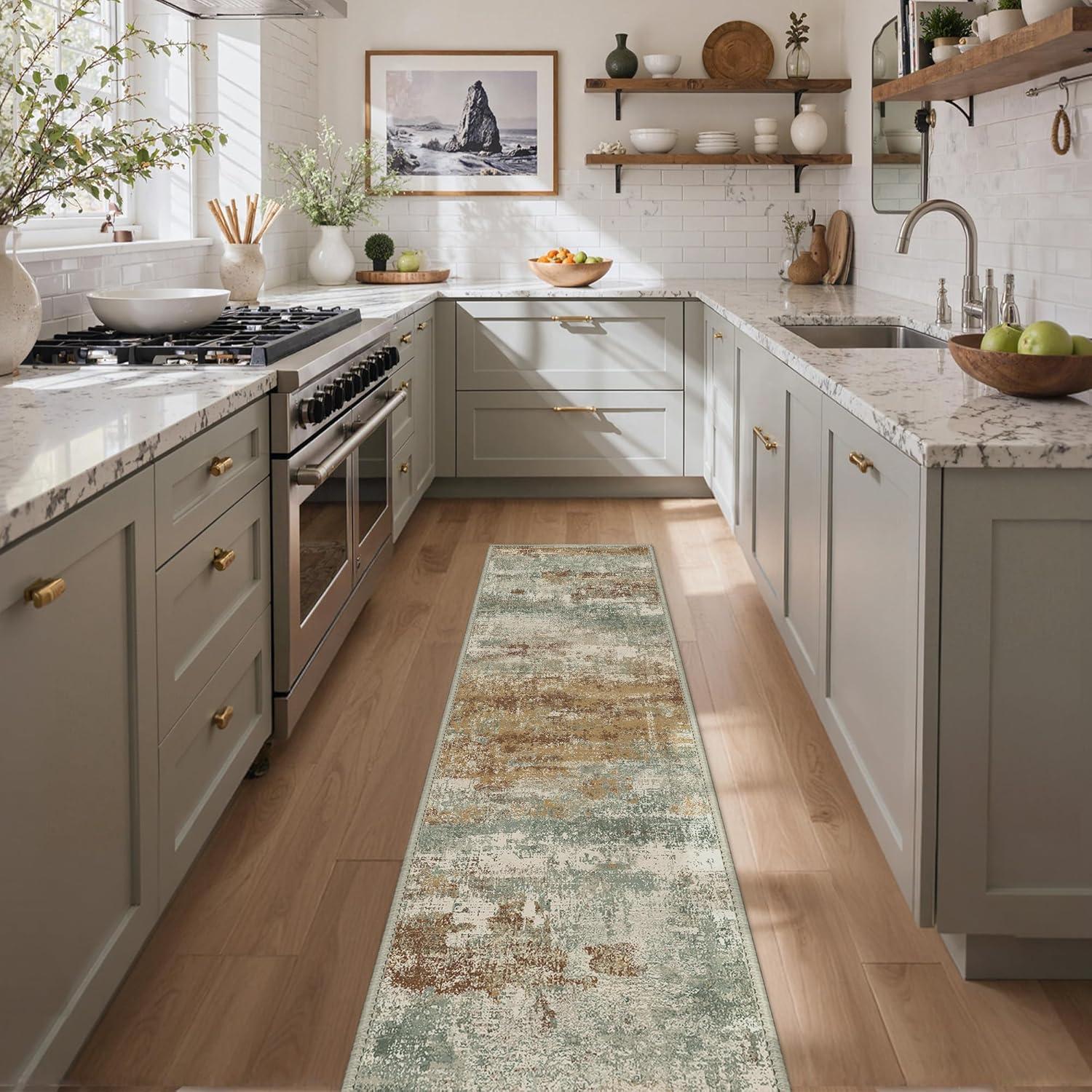 imageGENIMO 5x7 Vintage Floral Area Rug Soft Microfiber Washable Rug with NonSlip Backing Beige Carpet for Living Room Bedroom and Dining RoomOrange Green