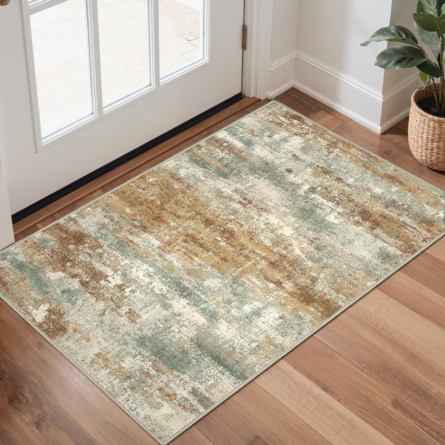 imageGENIMO 5x7 Vintage Floral Area Rug Soft Microfiber Washable Rug with NonSlip Backing Beige Carpet for Living Room Bedroom and Dining RoomOrange Green