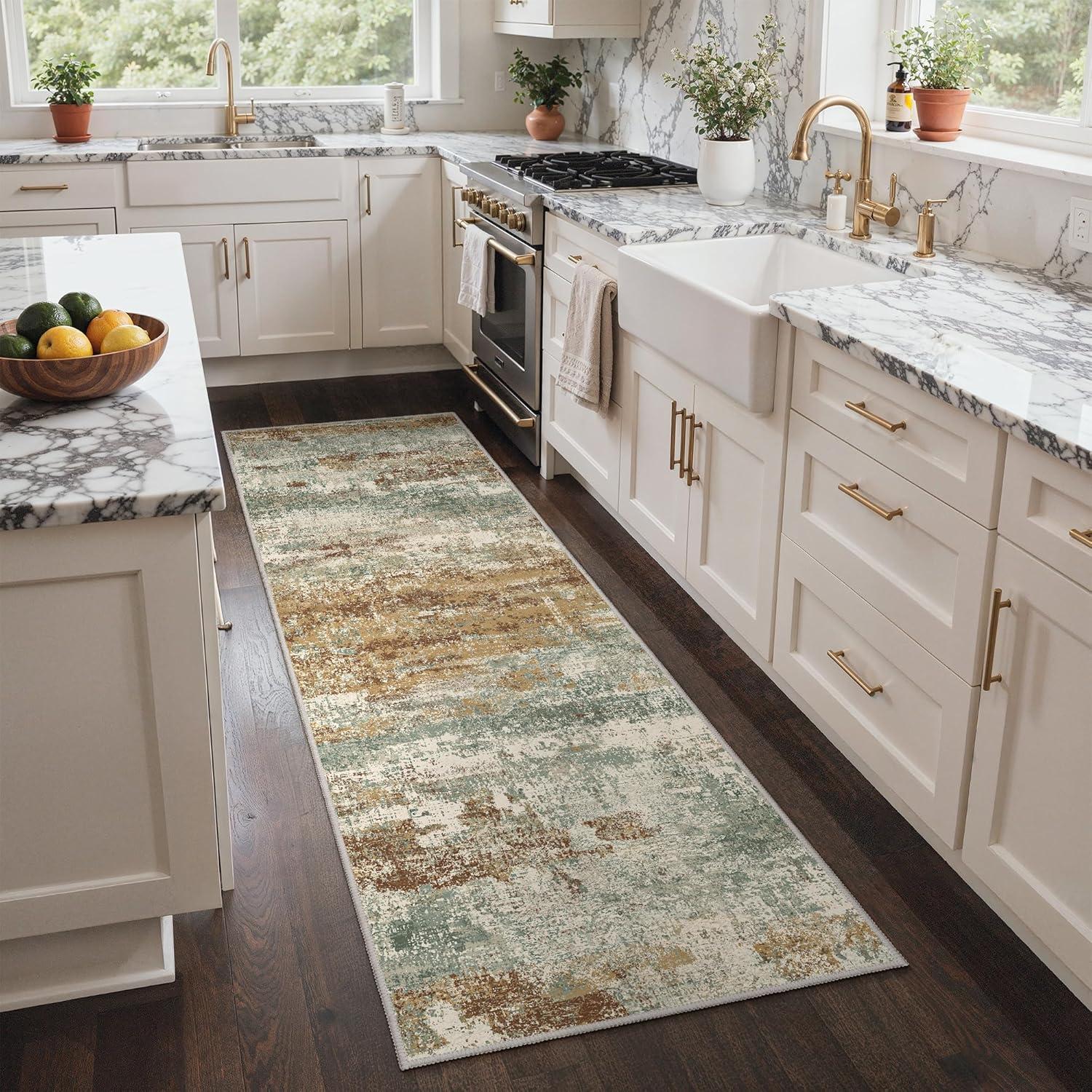 imageGENIMO 5x7 Vintage Floral Area Rug Soft Microfiber Washable Rug with NonSlip Backing Beige Carpet for Living Room Bedroom and Dining RoomOrange Green