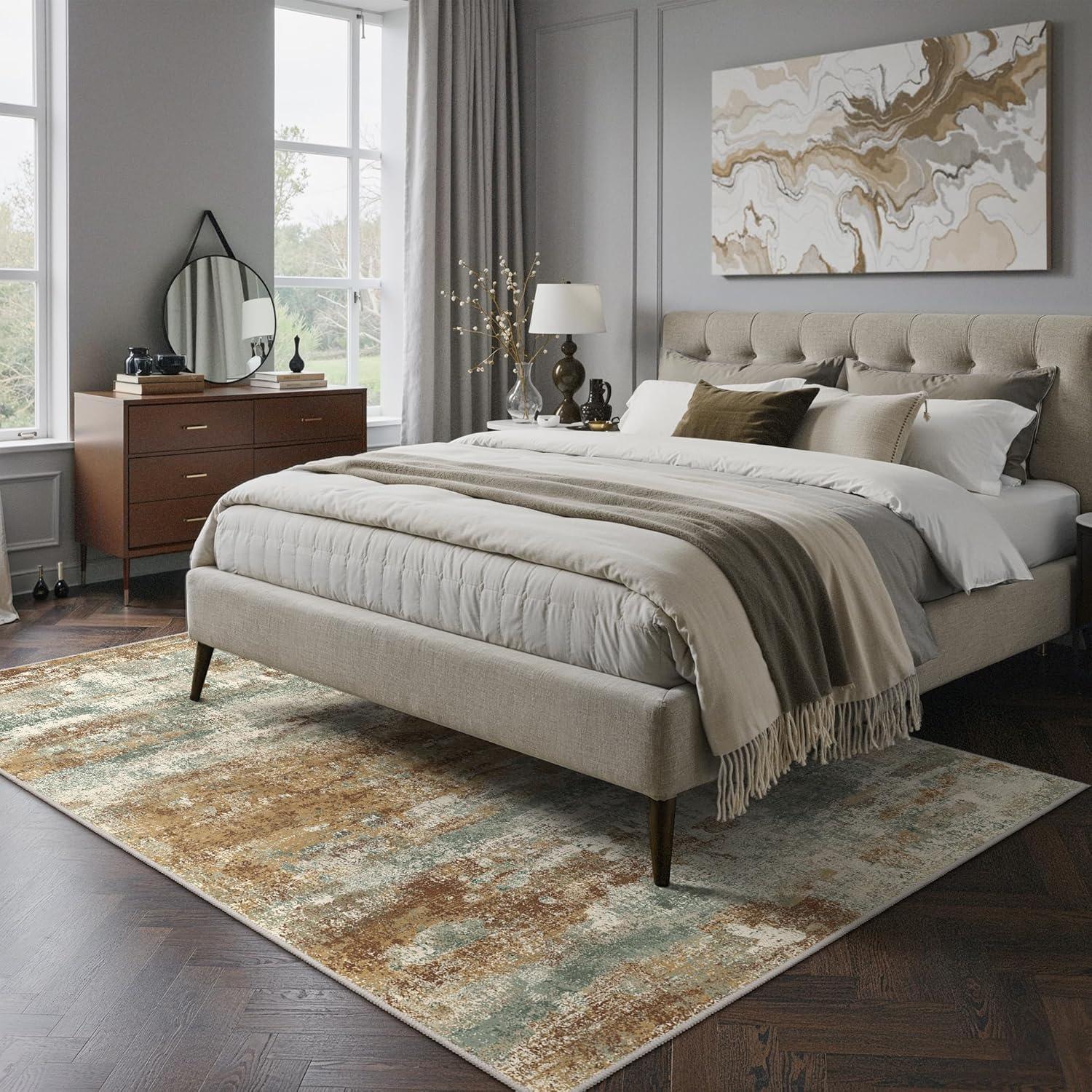imageGENIMO 5x7 Vintage Floral Area Rug Soft Microfiber Washable Rug with NonSlip Backing Beige Carpet for Living Room Bedroom and Dining RoomOrange Green