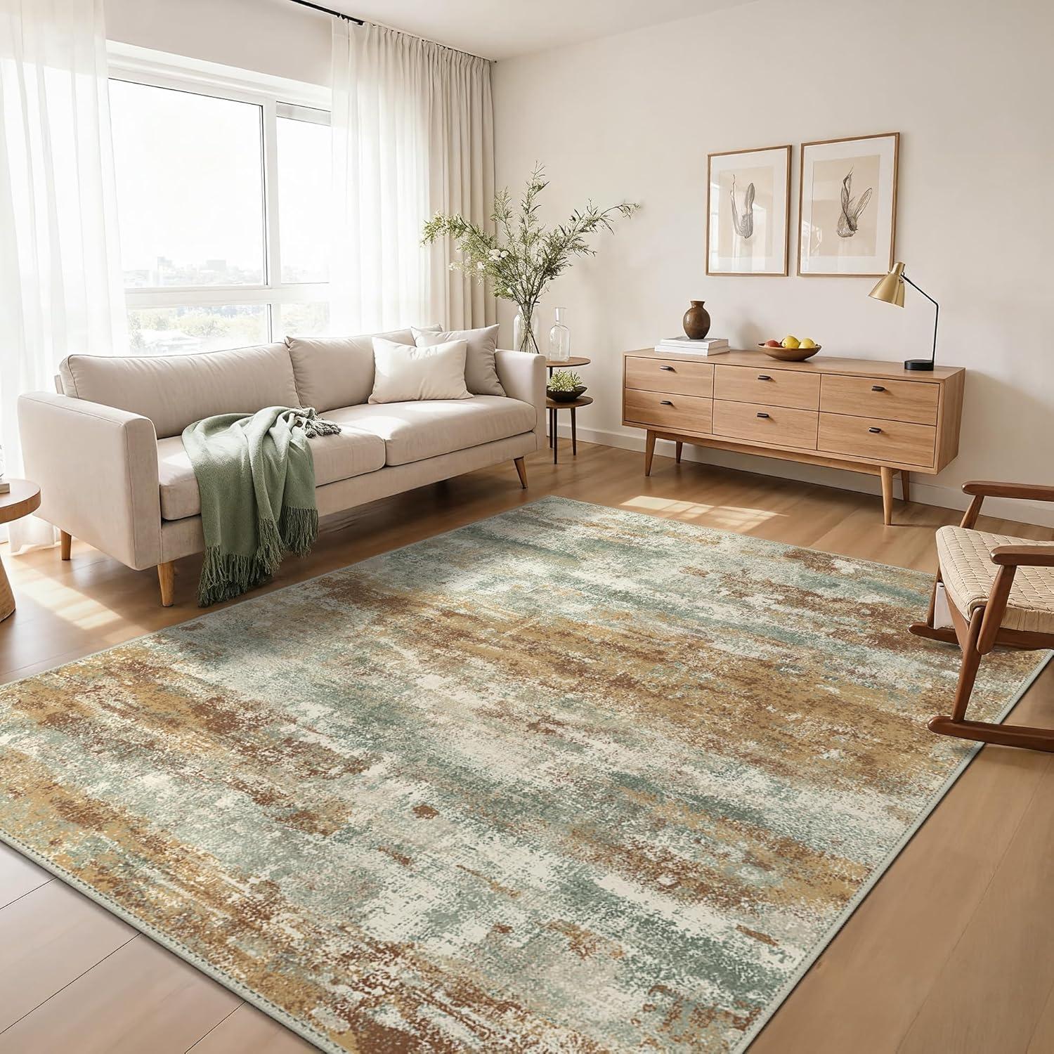 imageGENIMO 5x7 Vintage Floral Area Rug Soft Microfiber Washable Rug with NonSlip Backing Beige Carpet for Living Room Bedroom and Dining RoomOrange Green