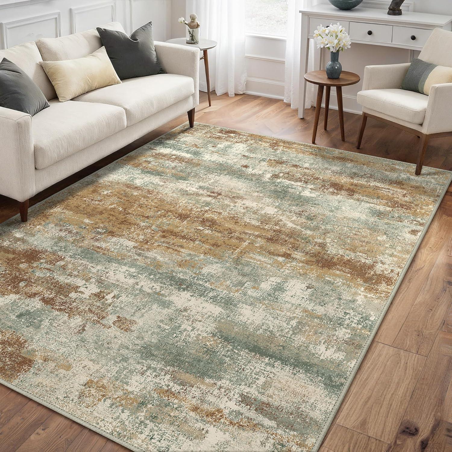 imageGENIMO 5x7 Vintage Floral Area Rug Soft Microfiber Washable Rug with NonSlip Backing Beige Carpet for Living Room Bedroom and Dining RoomOrange Green