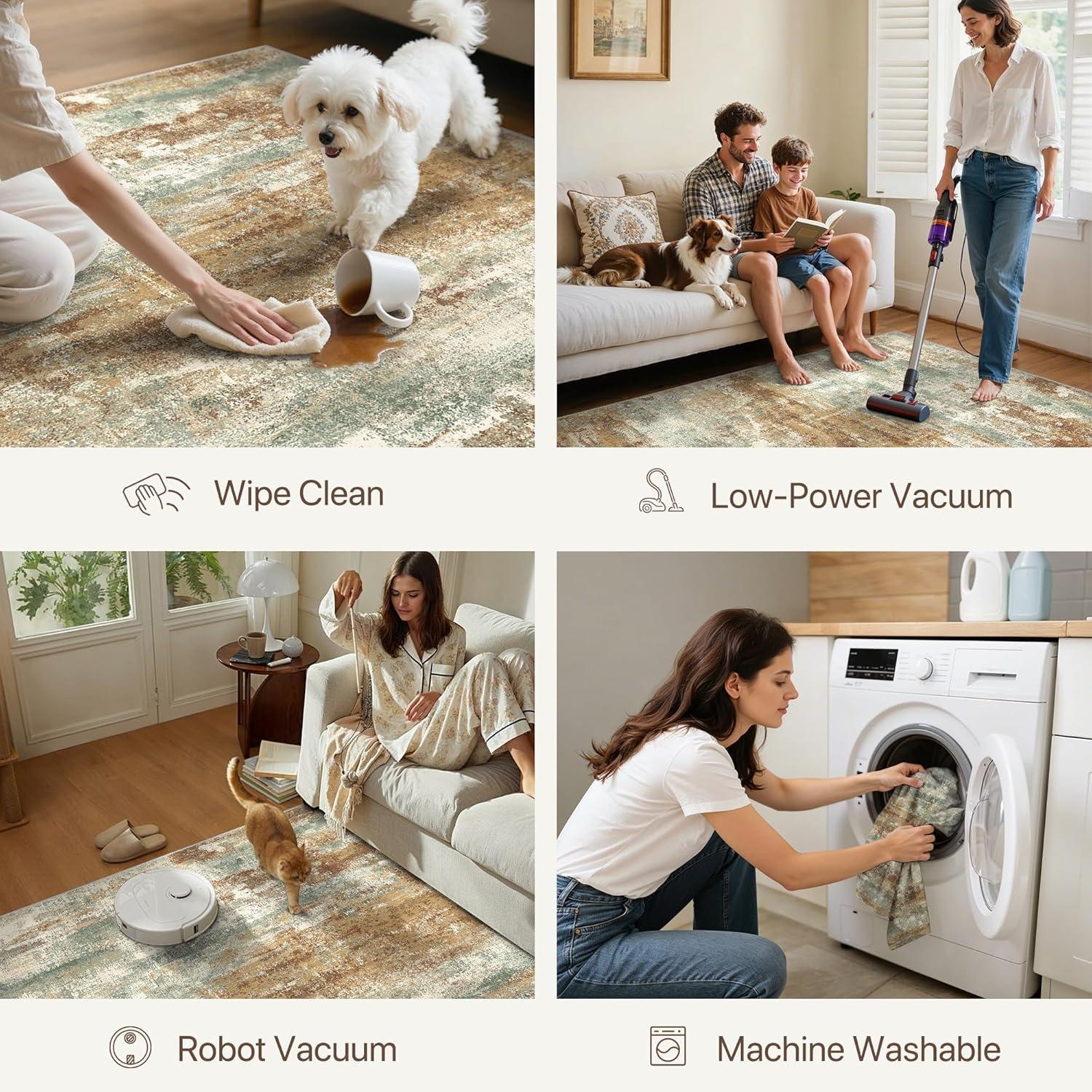 imageGENIMO 5x7 Vintage Floral Area Rug Soft Microfiber Washable Rug with NonSlip Backing Beige Carpet for Living Room Bedroom and Dining RoomOrange Green