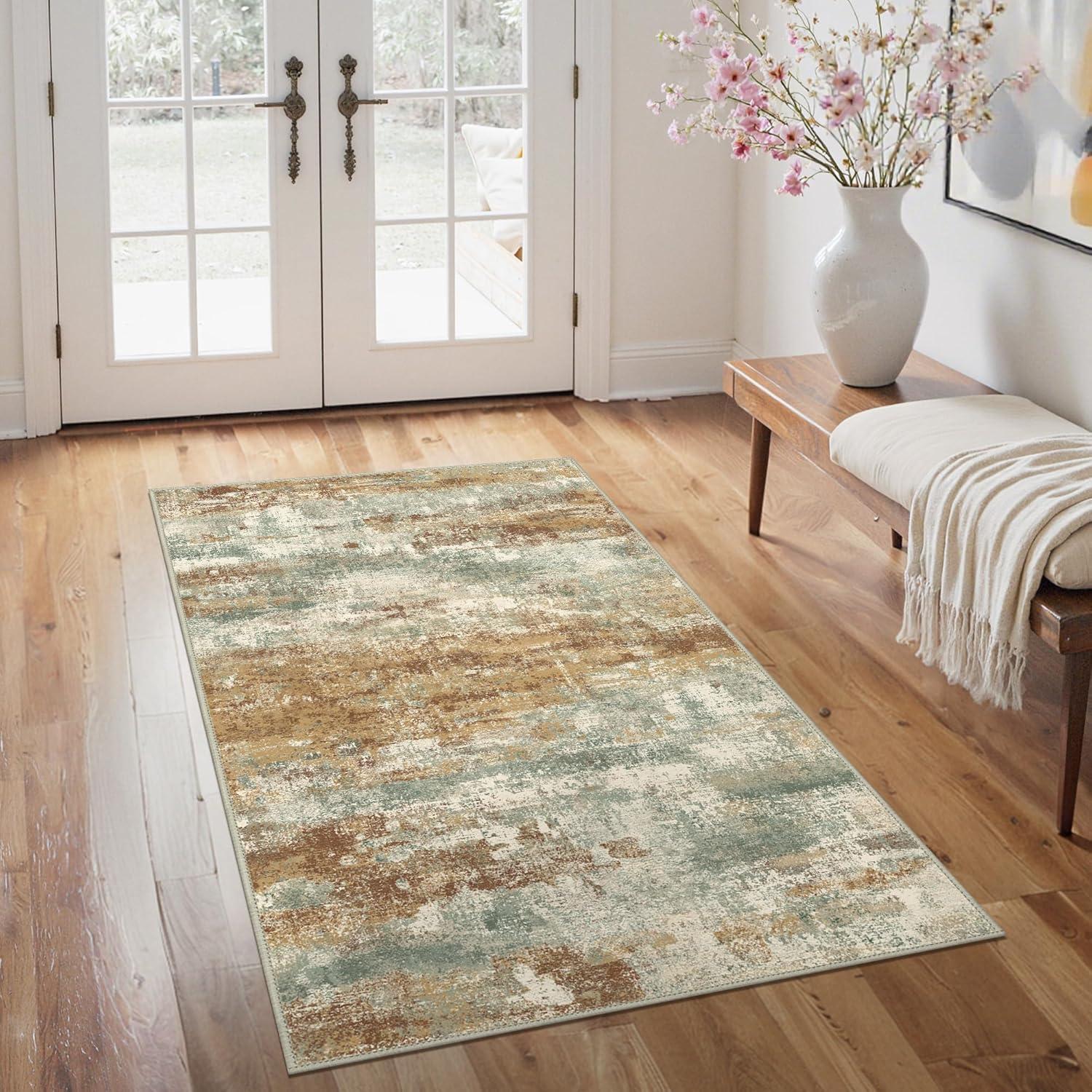 imageGENIMO 5x7 Vintage Floral Area Rug Soft Microfiber Washable Rug with NonSlip Backing Beige Carpet for Living Room Bedroom and Dining RoomOrange Green