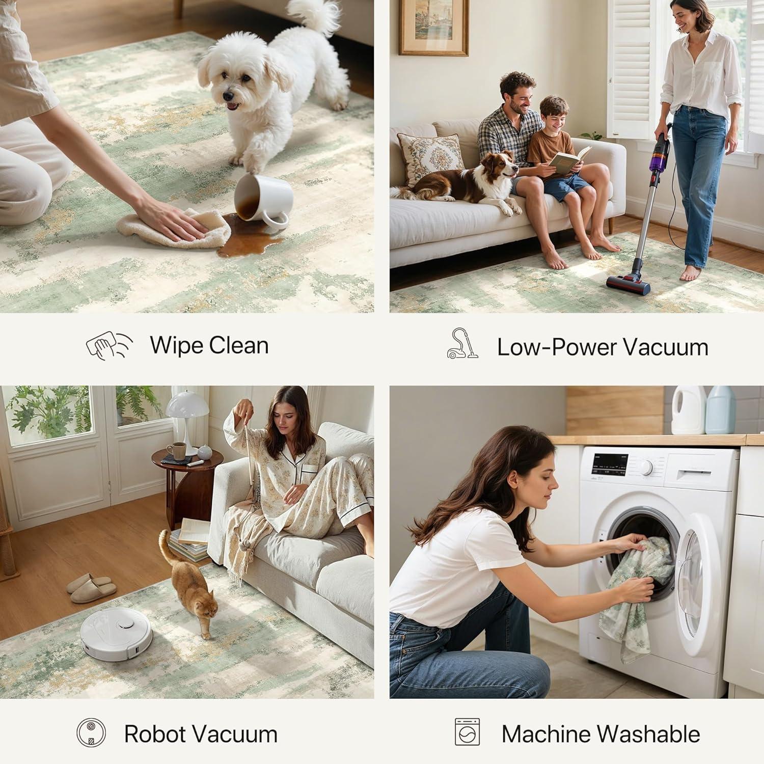 imageGENIMO 5x7 Vintage Floral Area Rug Soft Microfiber Washable Rug with NonSlip Backing Beige Carpet for Living Room Bedroom and Dining RoomSage Cream