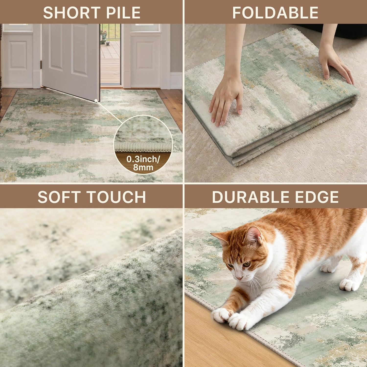 imageGENIMO 5x7 Vintage Floral Area Rug Soft Microfiber Washable Rug with NonSlip Backing Beige Carpet for Living Room Bedroom and Dining RoomSage Cream