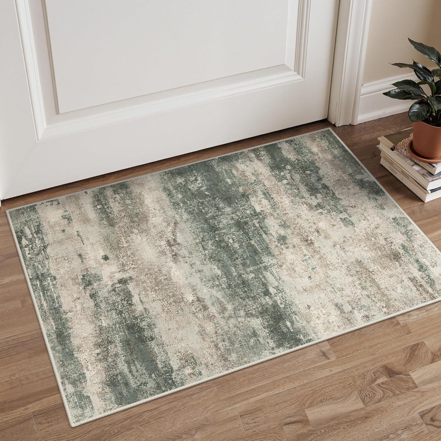 imageGENIMO 5x7 Vintage Floral Area Rug Soft Microfiber Washable Rug with NonSlip Backing Beige Carpet for Living Room Bedroom and Dining RoomSage Sand