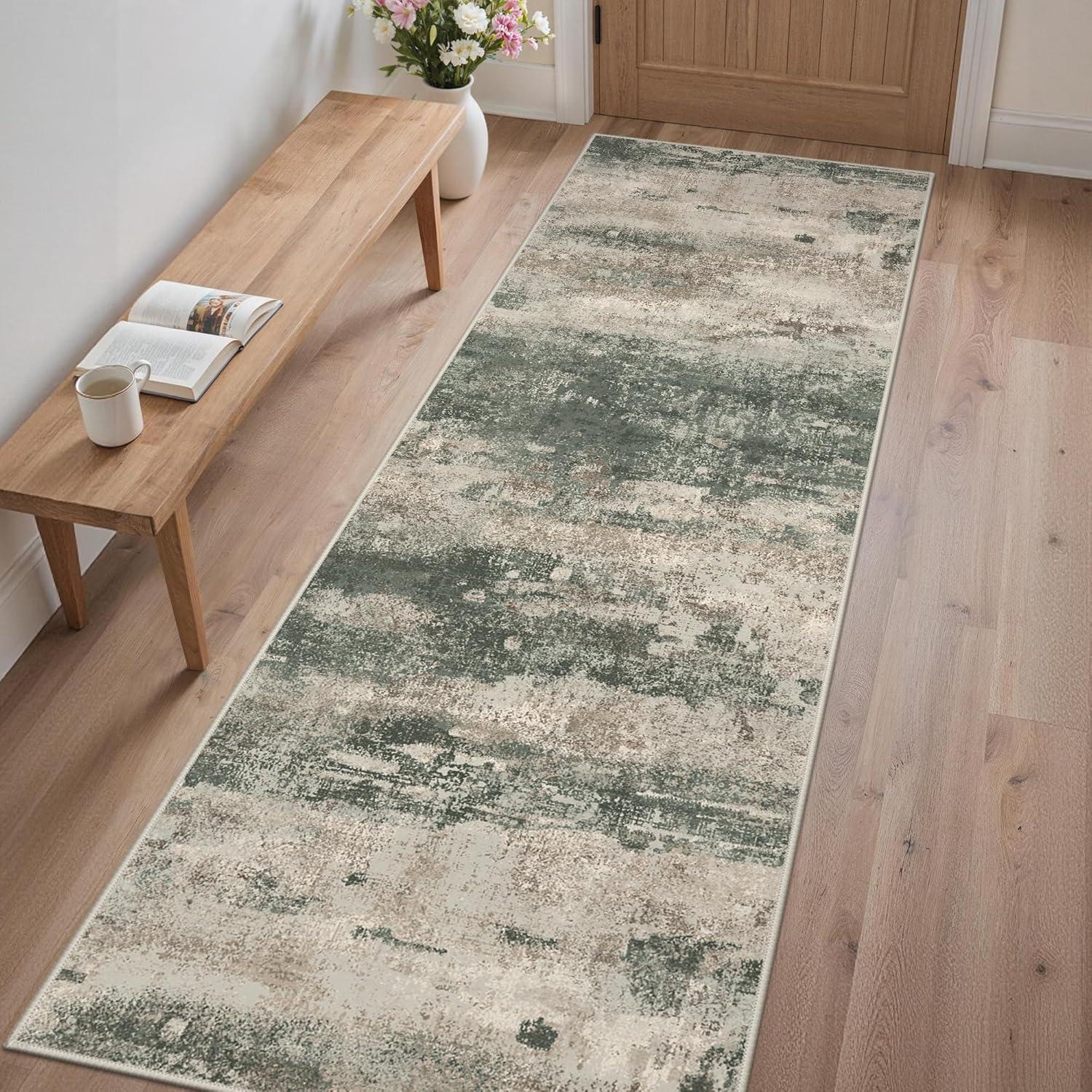 imageGENIMO 5x7 Vintage Floral Area Rug Soft Microfiber Washable Rug with NonSlip Backing Beige Carpet for Living Room Bedroom and Dining RoomSage Sand