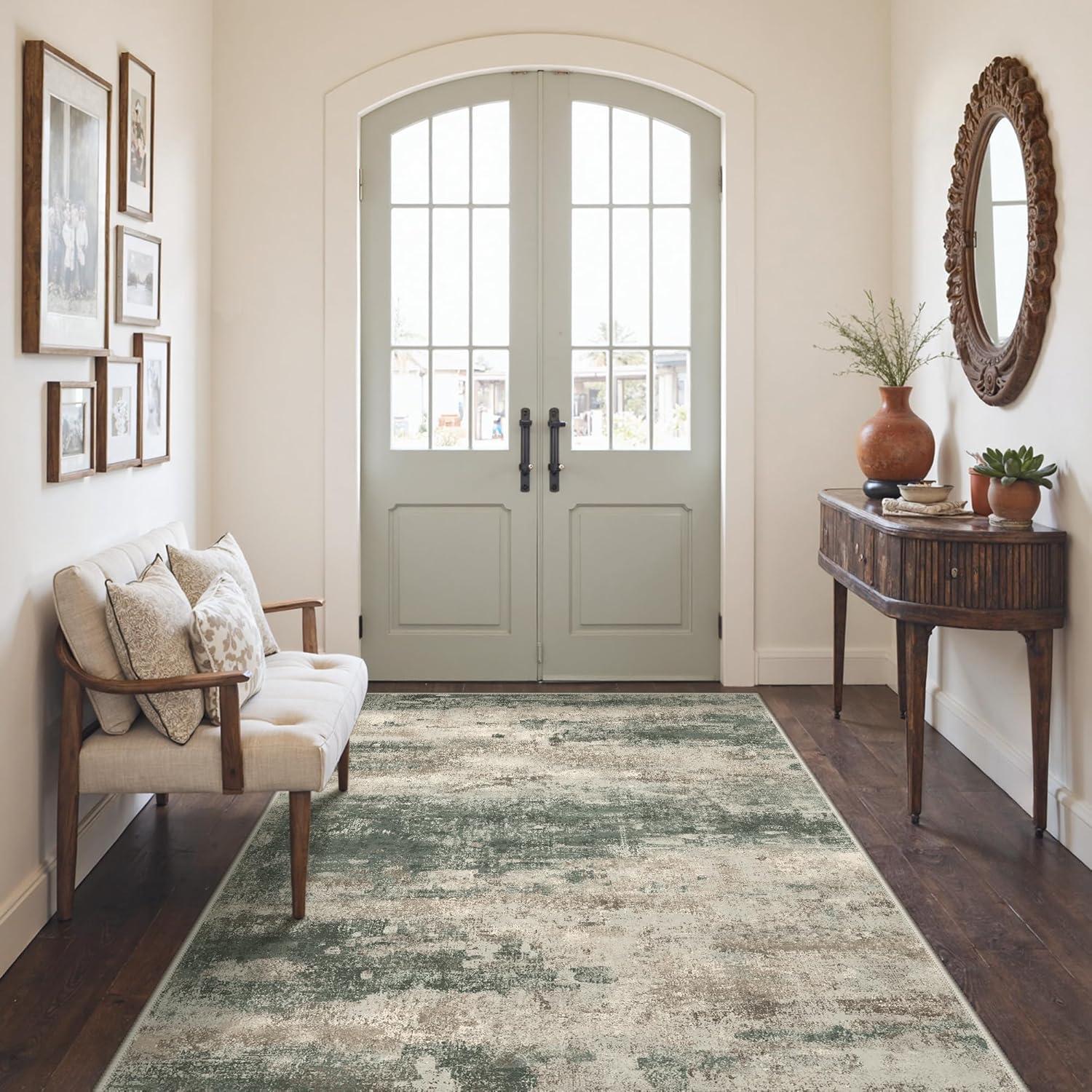 imageGENIMO 5x7 Vintage Floral Area Rug Soft Microfiber Washable Rug with NonSlip Backing Beige Carpet for Living Room Bedroom and Dining RoomSage Sand