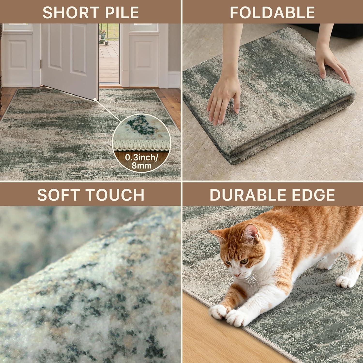 imageGENIMO 5x7 Vintage Floral Area Rug Soft Microfiber Washable Rug with NonSlip Backing Beige Carpet for Living Room Bedroom and Dining RoomSage Sand