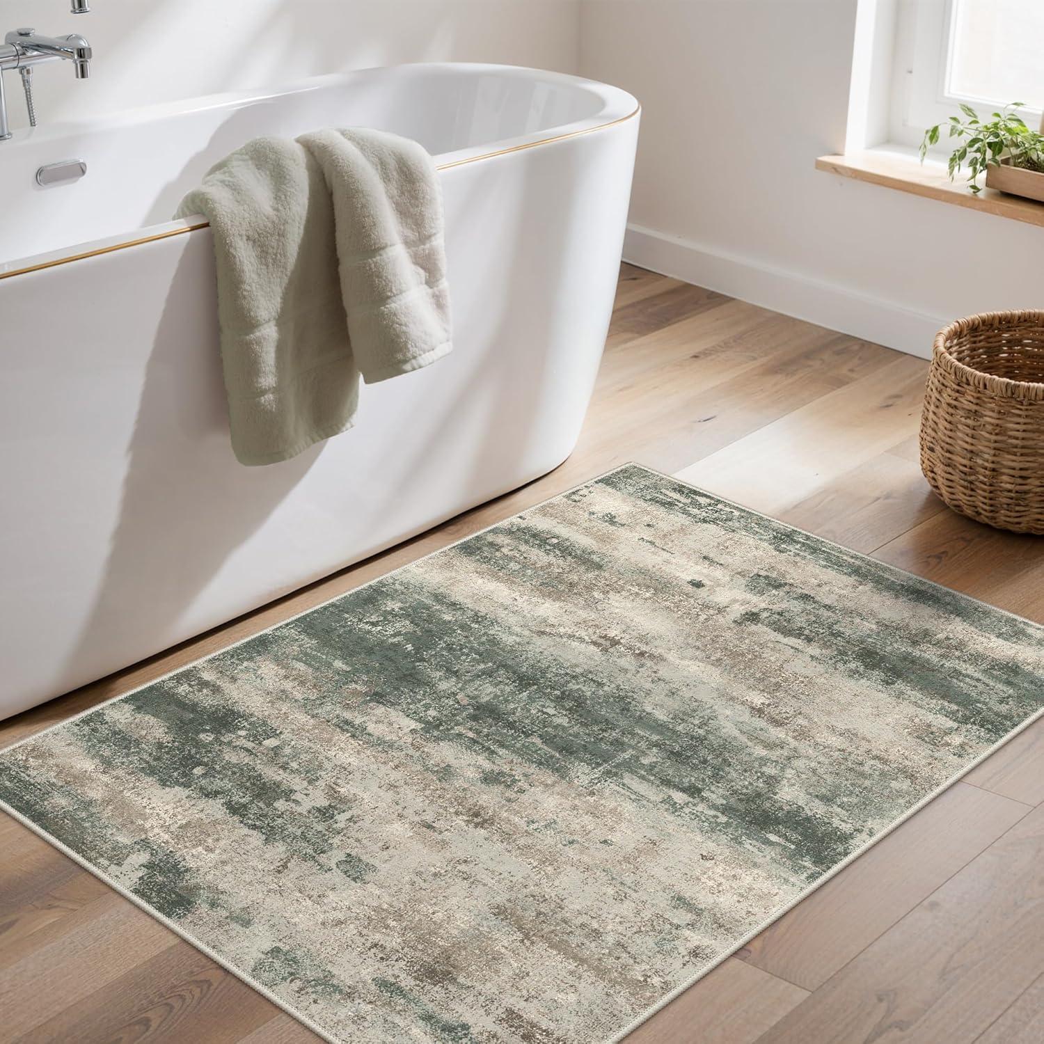 imageGENIMO 5x7 Vintage Floral Area Rug Soft Microfiber Washable Rug with NonSlip Backing Beige Carpet for Living Room Bedroom and Dining RoomSage Sand