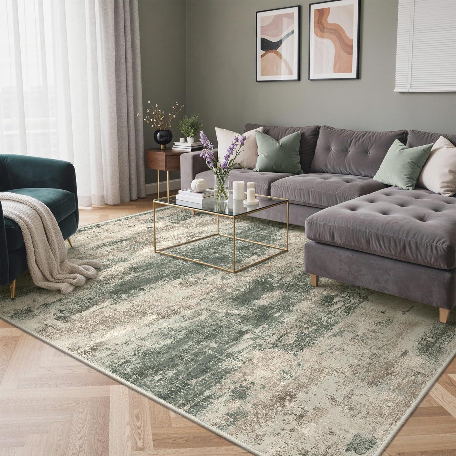 imageGENIMO 5x7 Vintage Floral Area Rug Soft Microfiber Washable Rug with NonSlip Backing Beige Carpet for Living Room Bedroom and Dining RoomSage Sand
